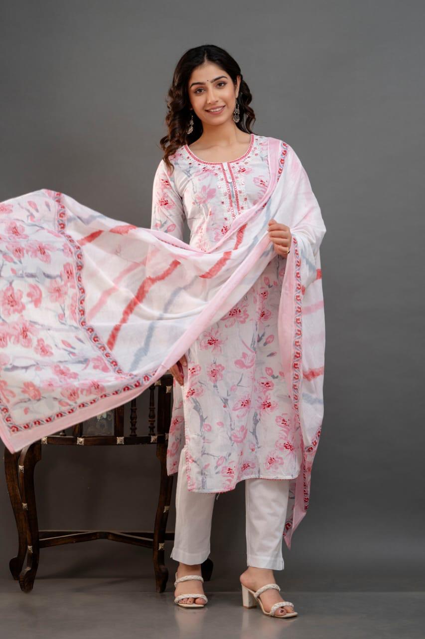 Graceful Pink and White Cotton Kurti Suit with Timeless Elegance