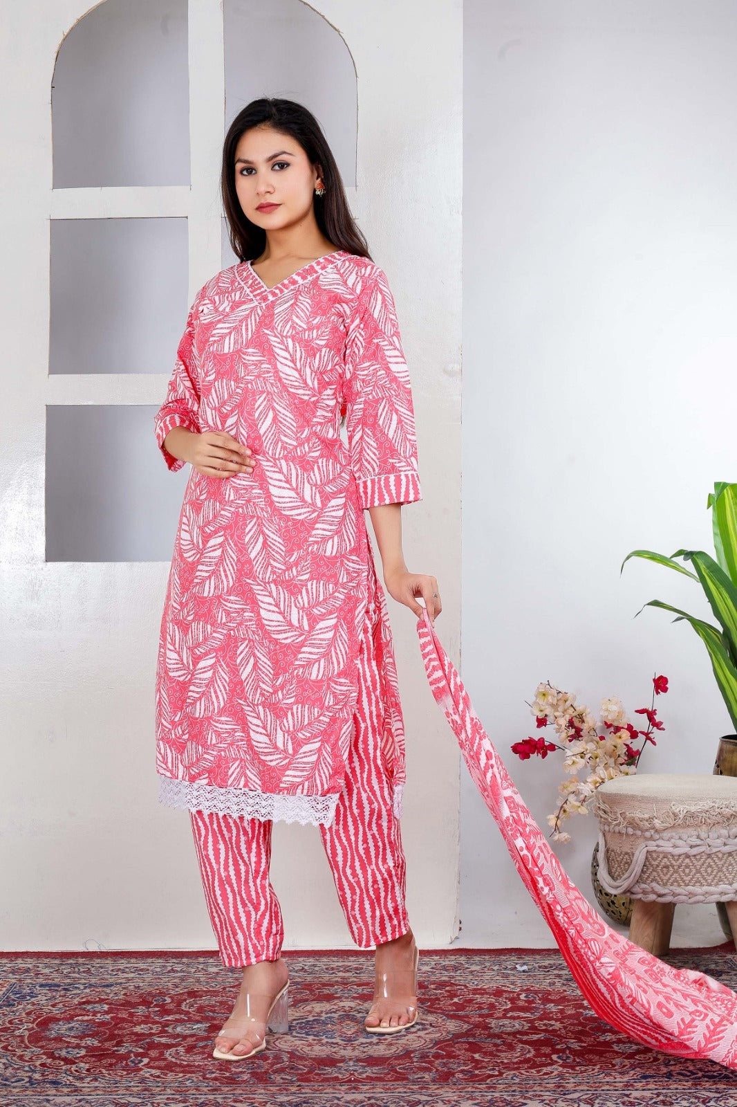 Cotton Light Pink White Floral Design