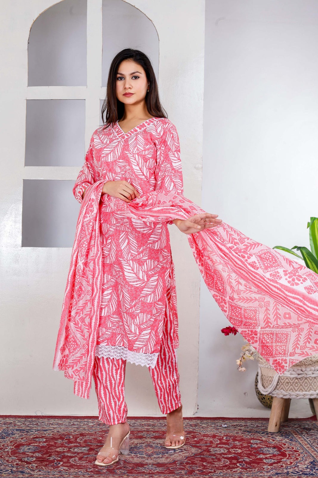 Cotton Light Pink White Floral Design