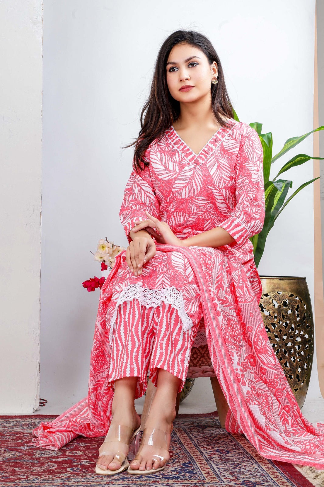 Cotton Light Pink White Floral Design