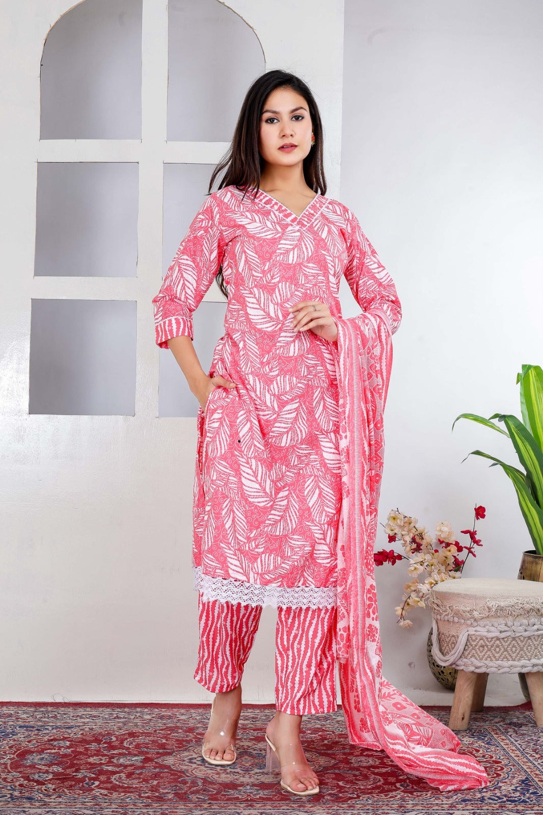 Cotton Light Pink White Floral Design