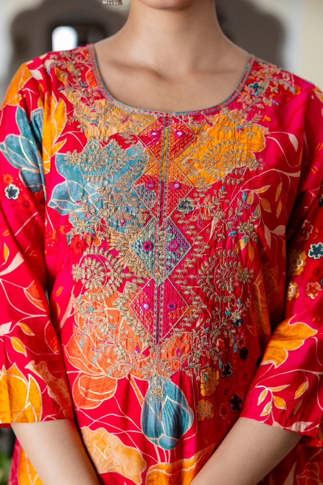 Electric Red Suit with Yellow Florals with Muslin Silk Dupatta