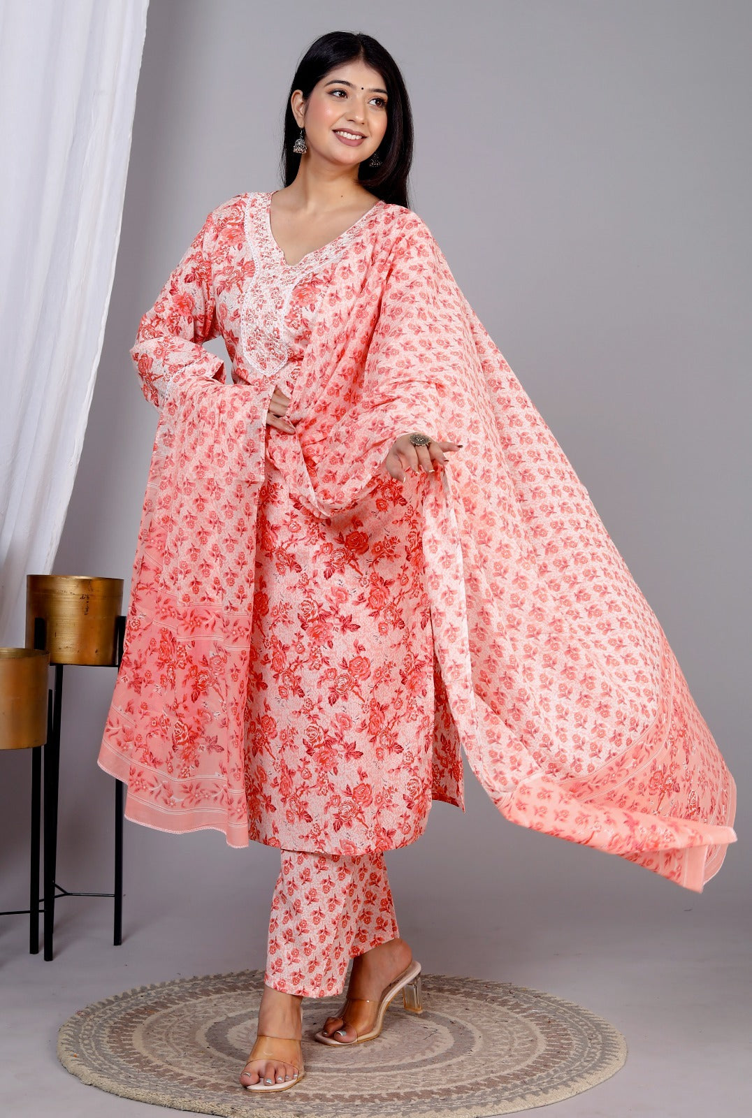 Cotton Set in White with Dense Peach Block Prints