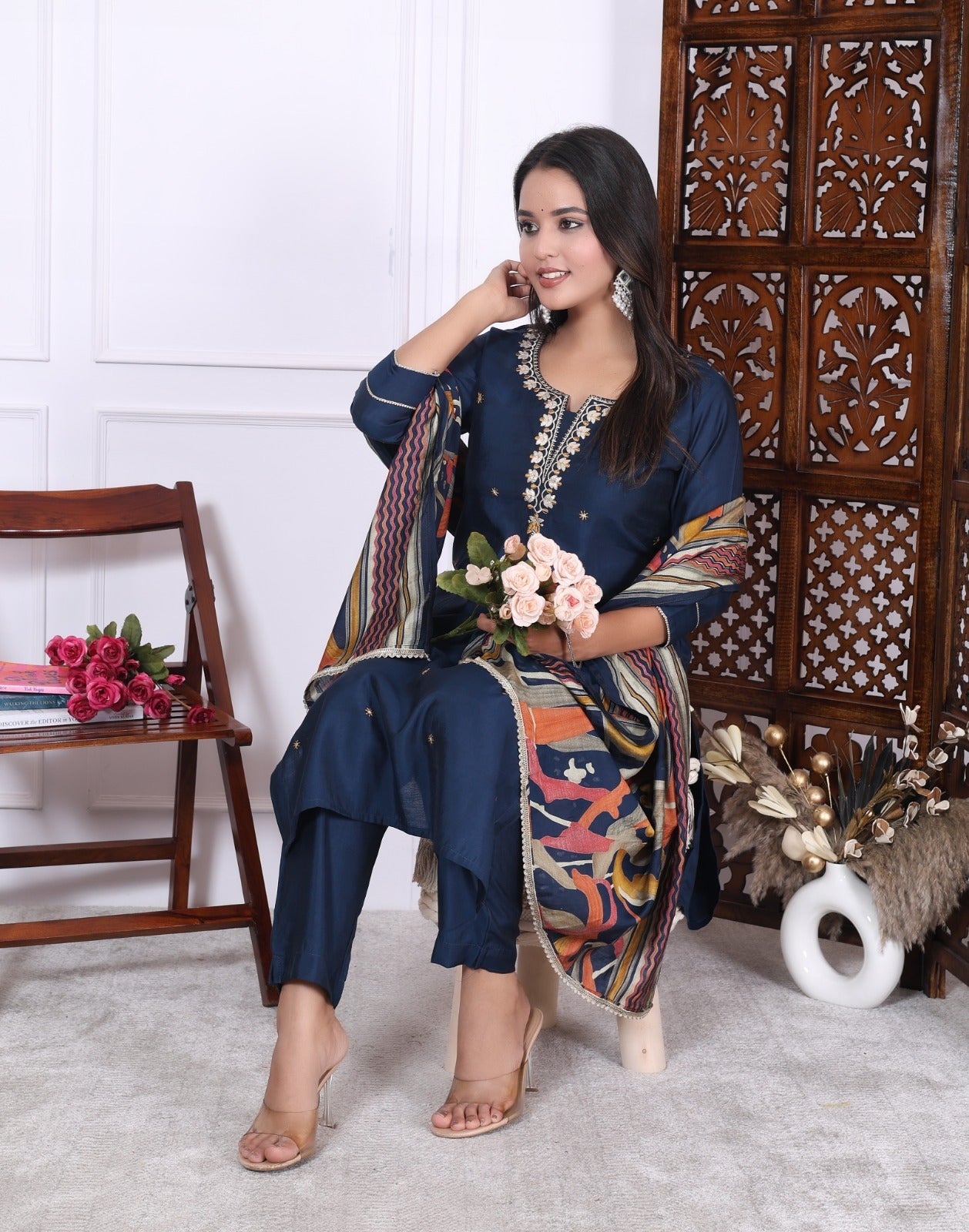 Silky Navy Blue Suit featuring Embedded Golden Stars