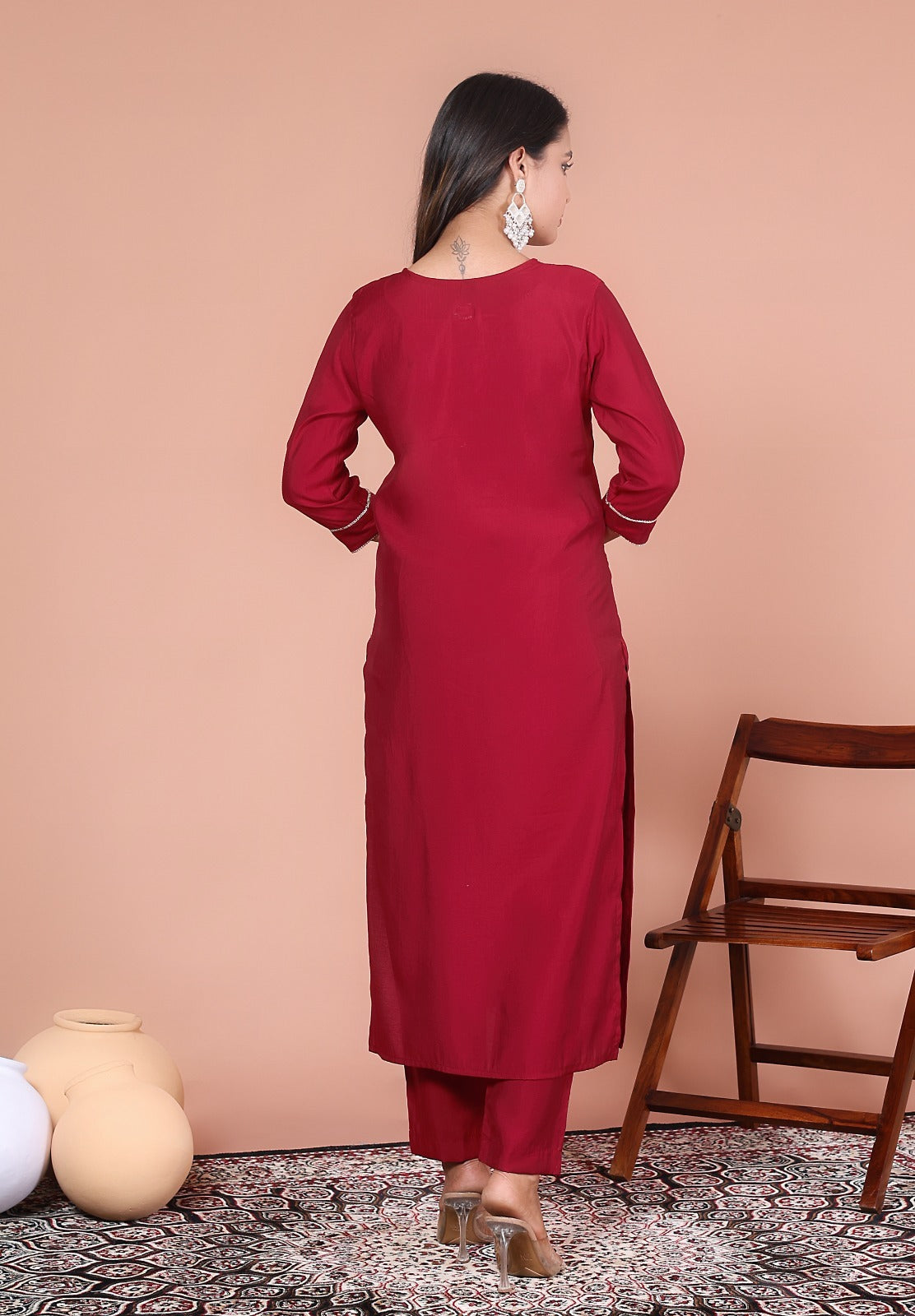 Silky Red Suit adorned with Embedded Golden Stars