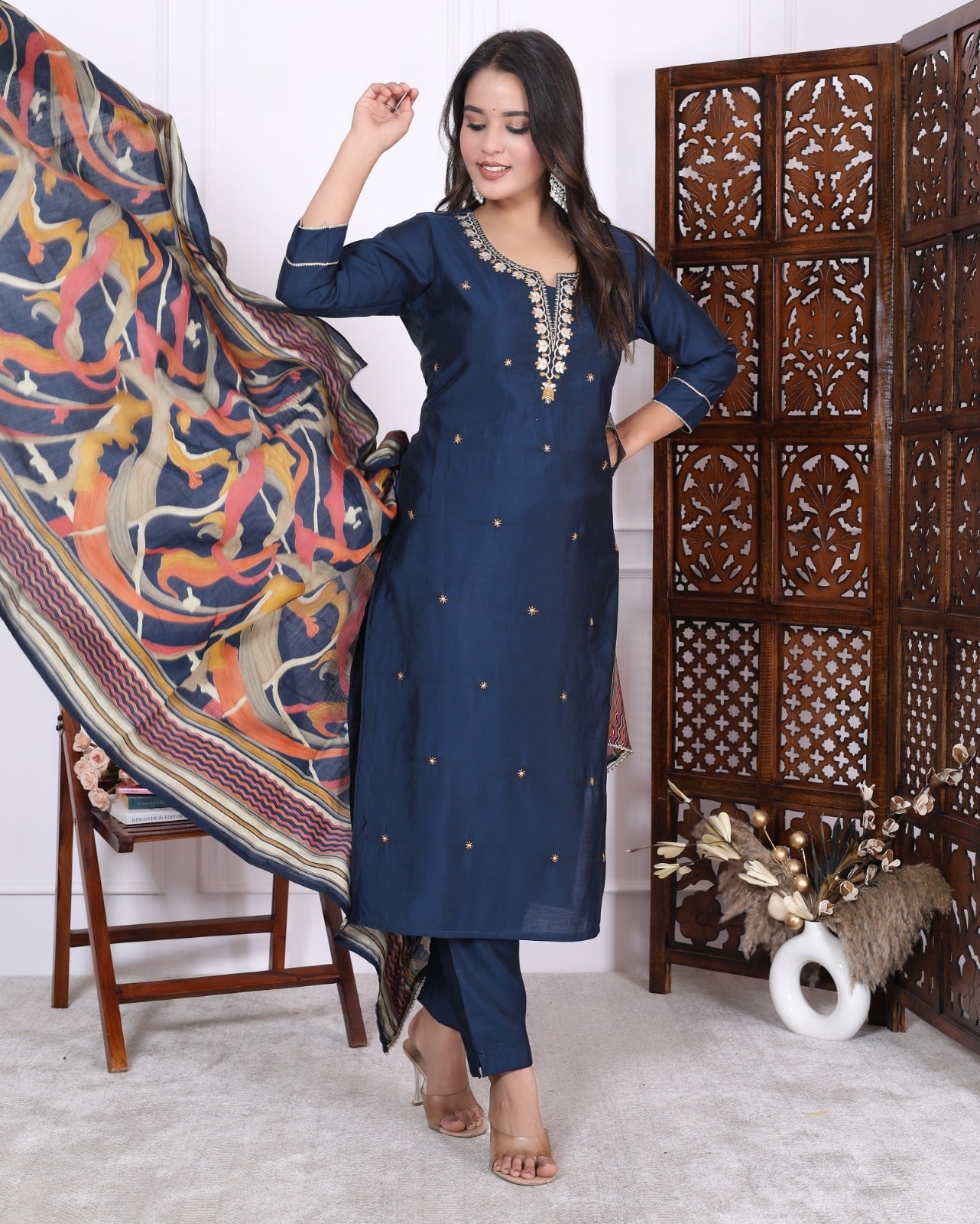 Silky Navy Blue Suit featuring Embedded Golden Stars