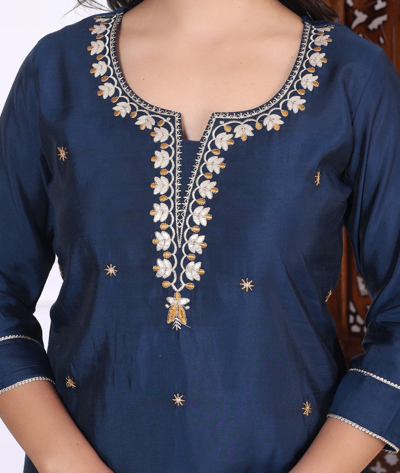 Silky Navy Blue Suit featuring Embedded Golden Stars