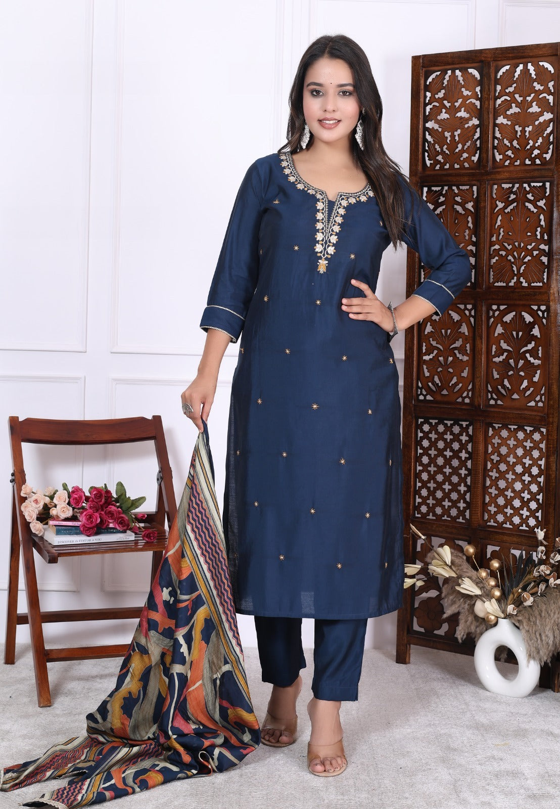 Silky Navy Blue Suit featuring Embedded Golden Stars