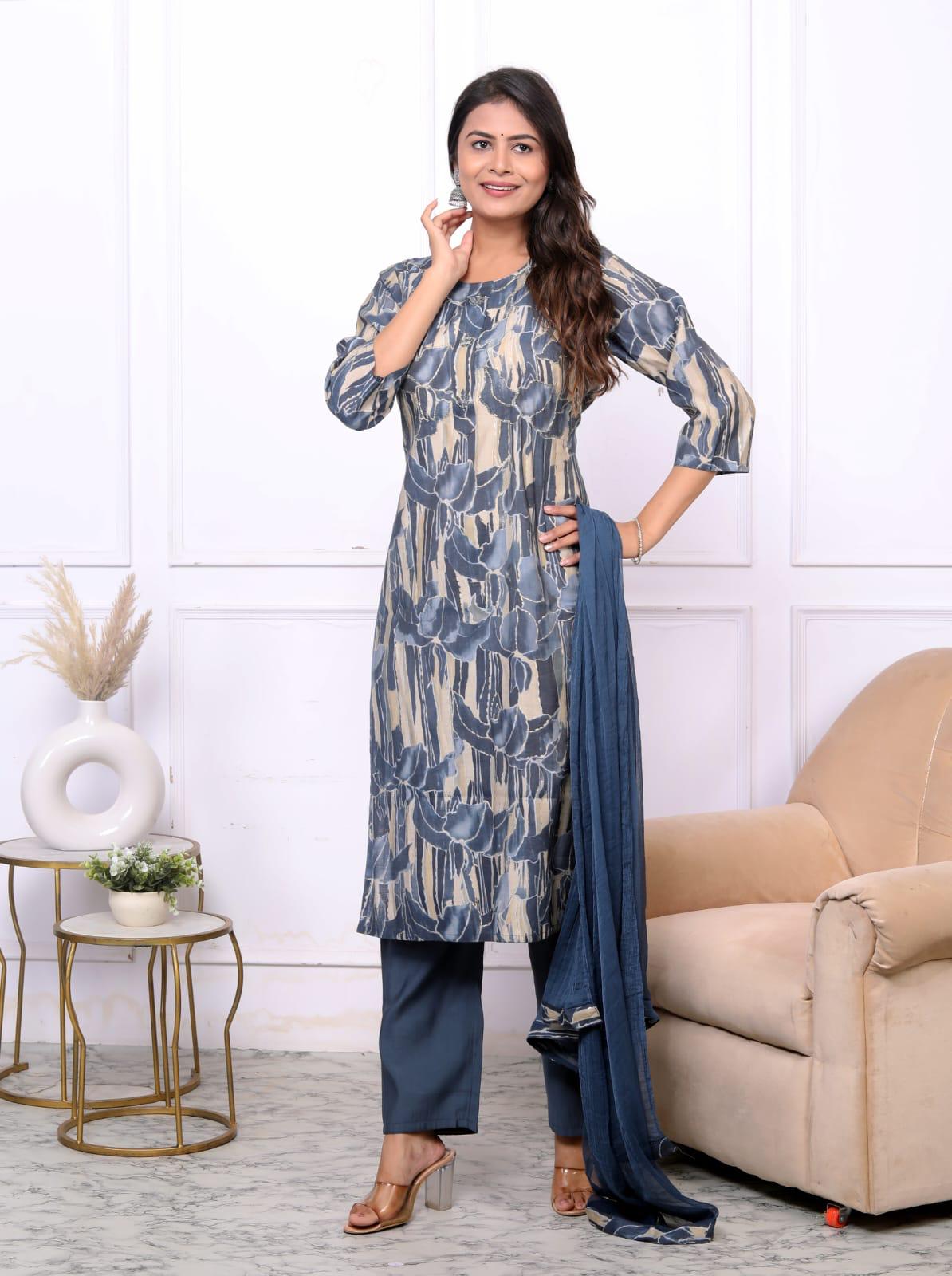 Set with Navy Blue Geometric Patterns paired with Solid Navy Blue Pajamas