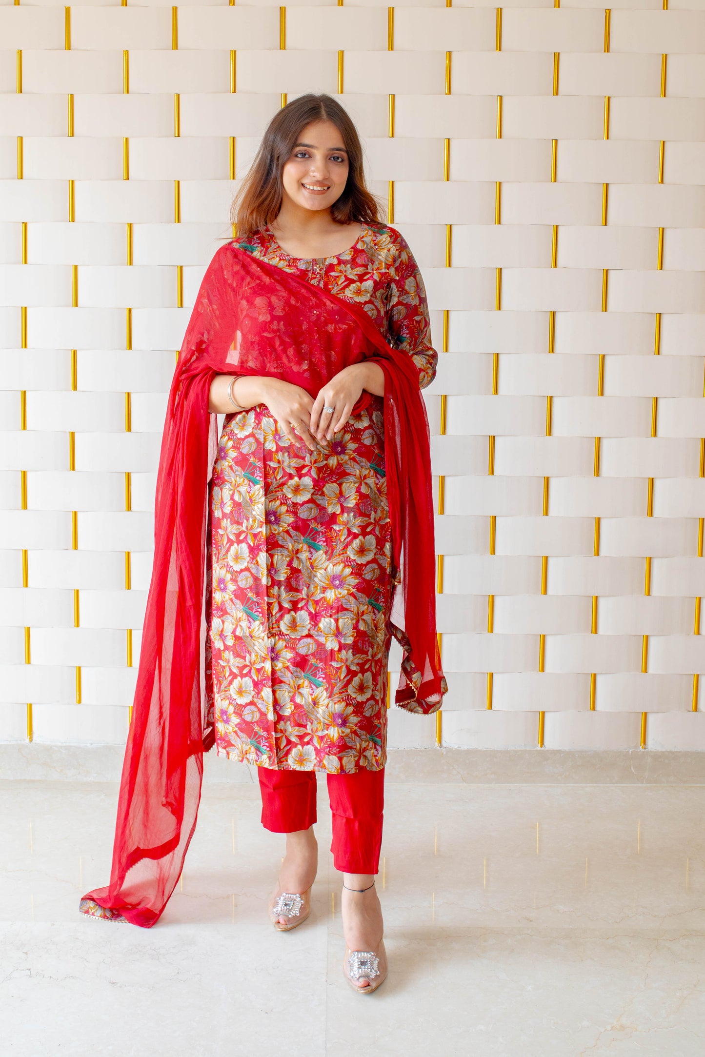 Floral red and golden brown muslin Suit with chiffon Red Dupatta