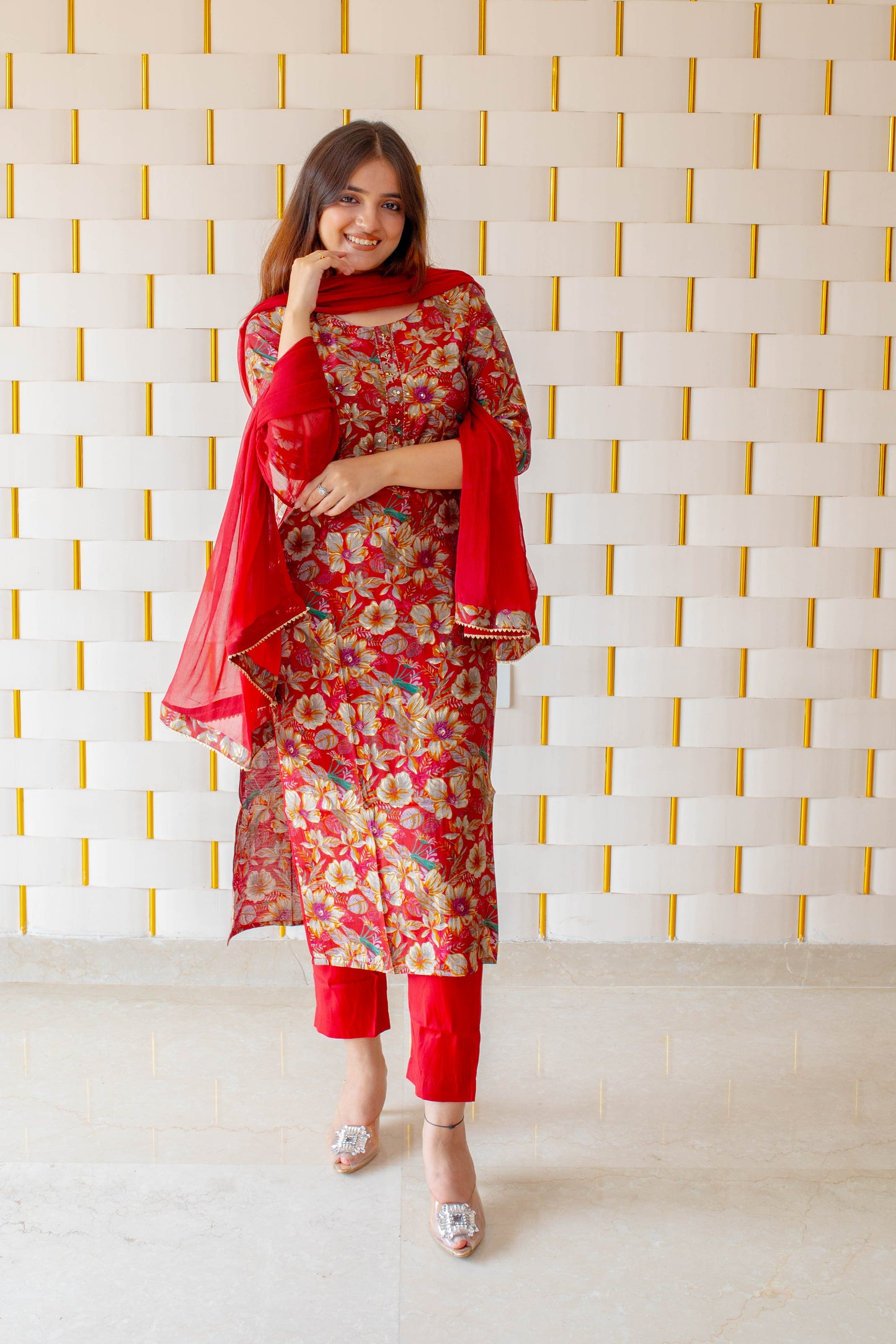 Floral red and golden brown muslin Suit with chiffon Red Dupatta