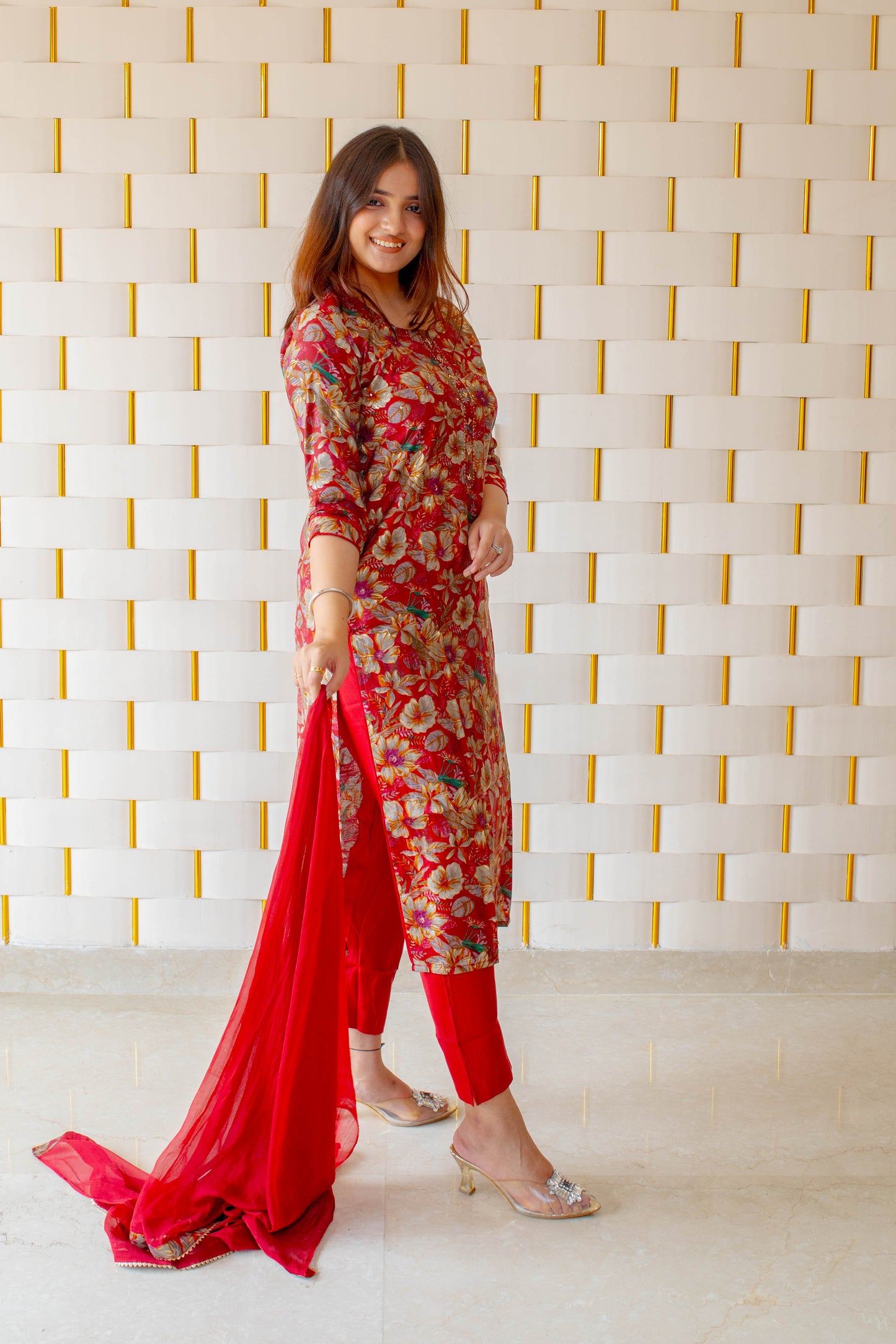 Floral red and golden brown muslin Suit with chiffon Red Dupatta