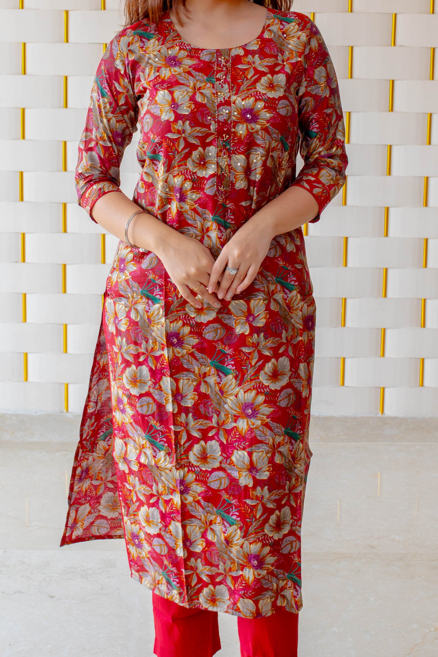 Floral red and golden brown muslin Suit with chiffon Red Dupatta