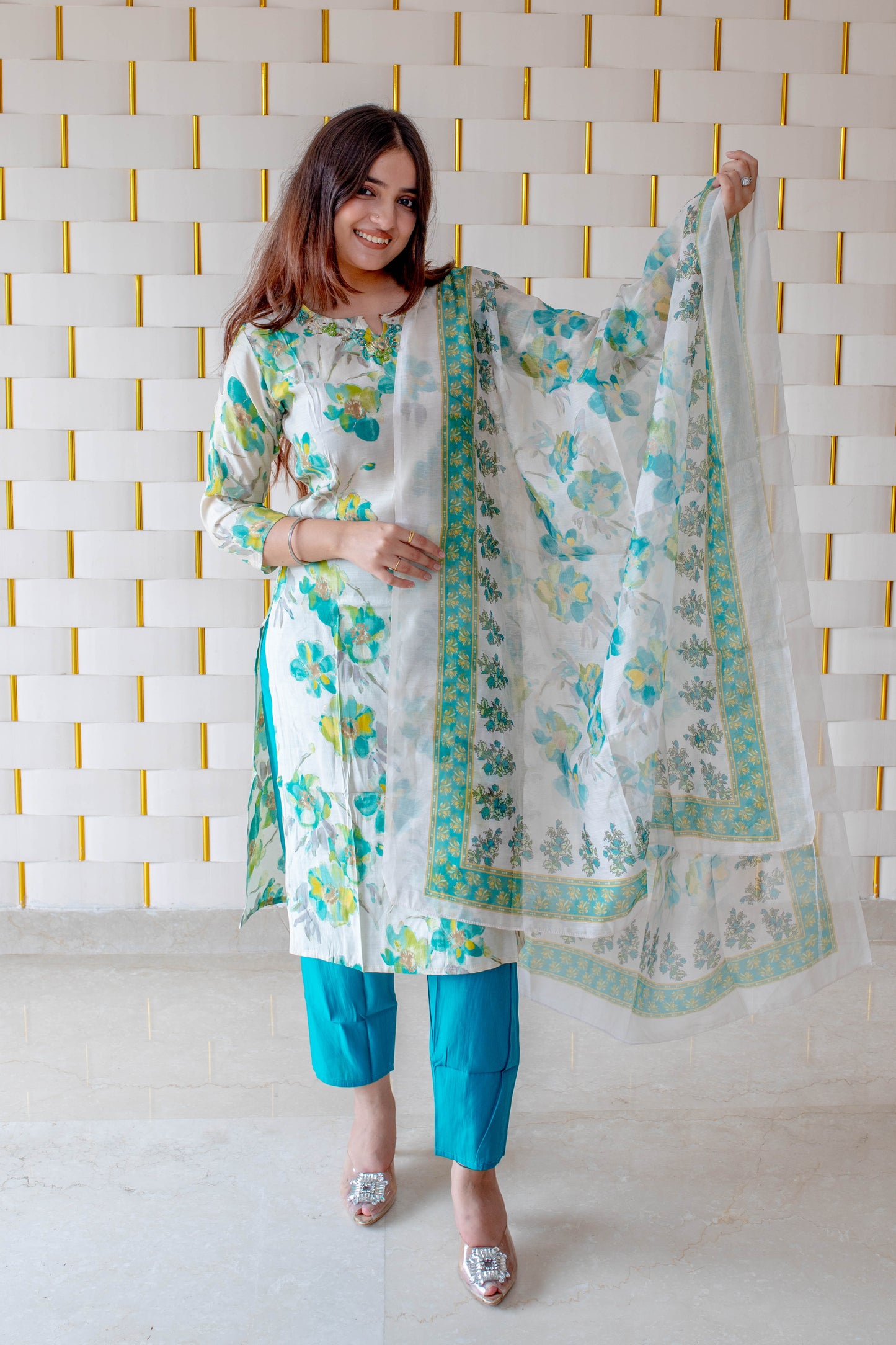 Off-White Suit with Bluish Green Floral and Peacock Blue Pajamas