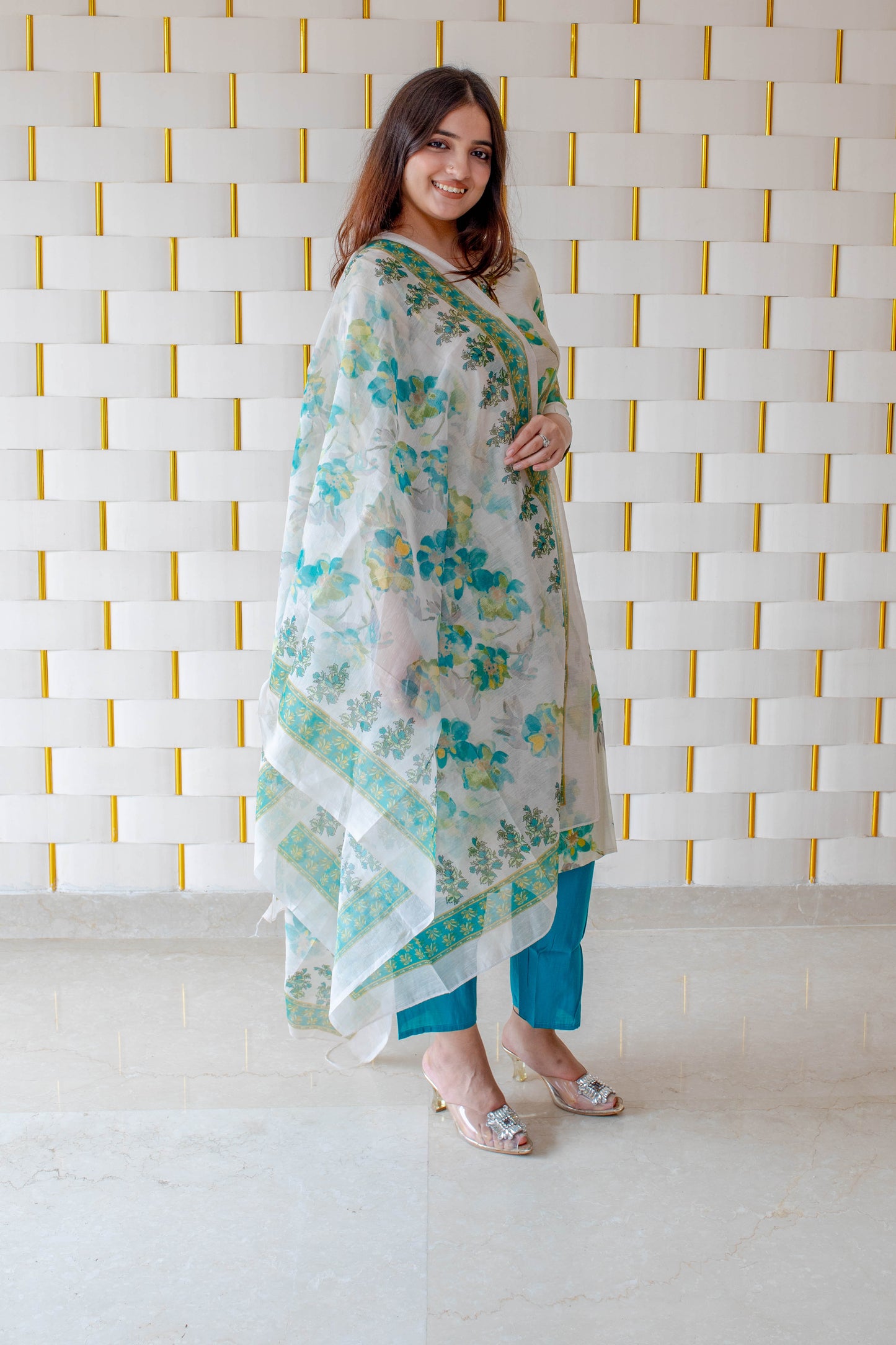 Off-White Suit with Bluish Green Floral and Peacock Blue Pajamas