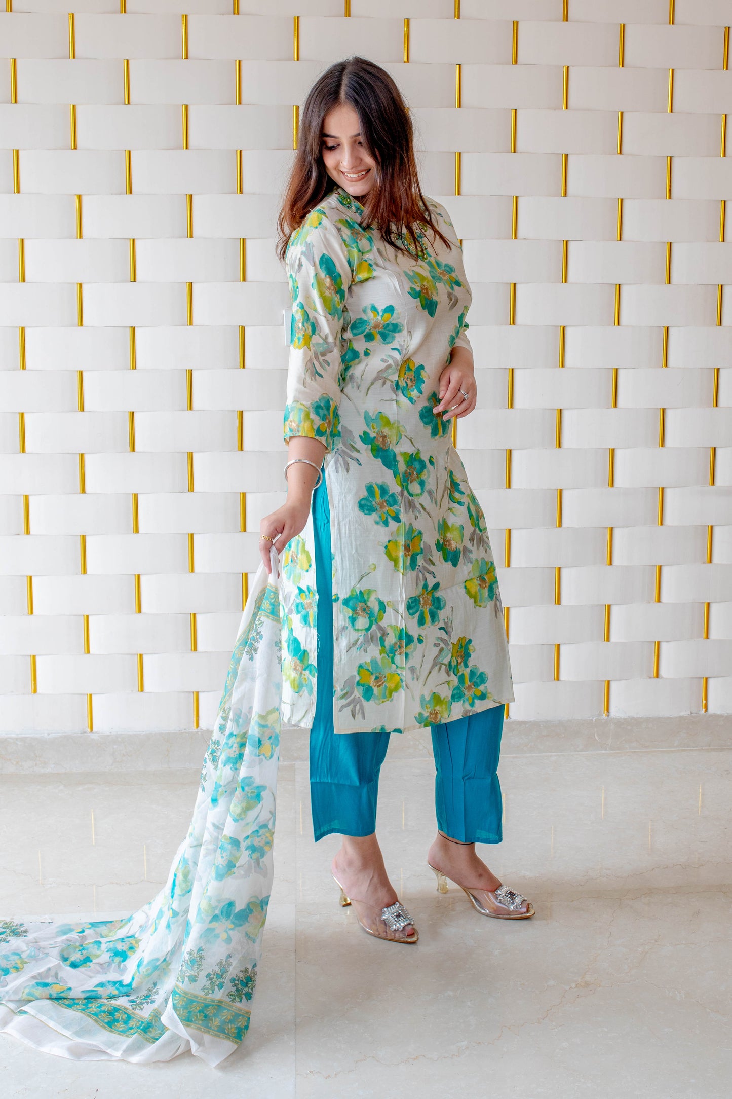 Off-White Suit with Bluish Green Floral and Peacock Blue Pajamas