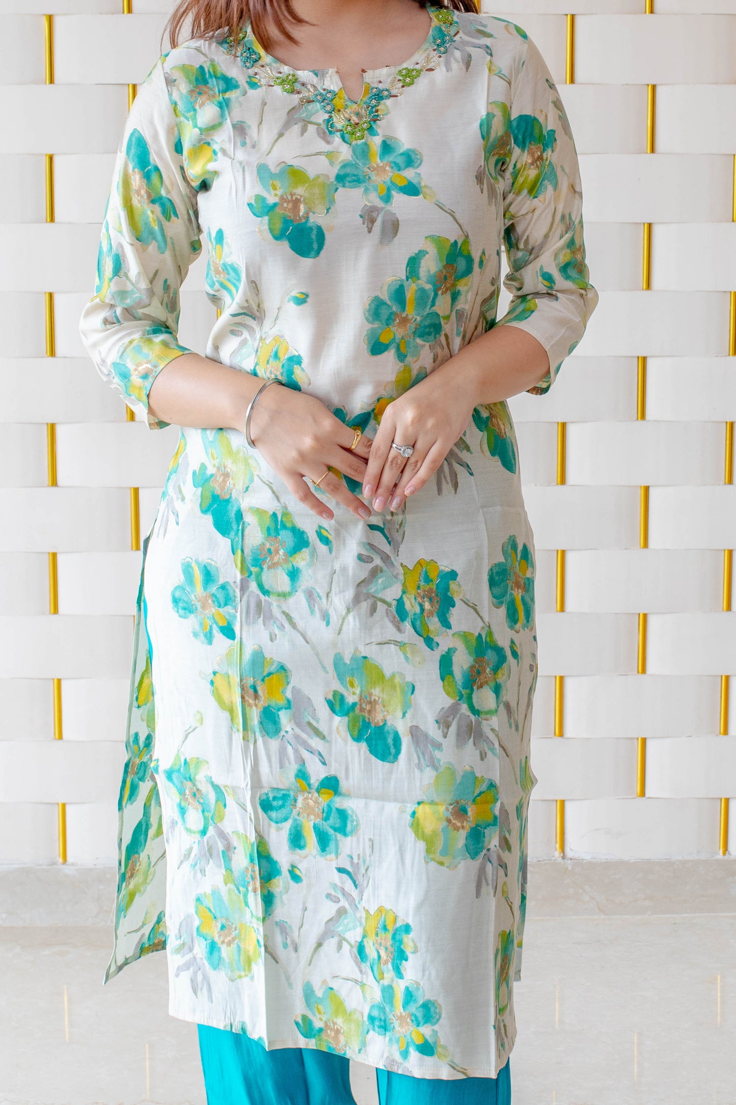 Off-White Suit with Bluish Green Floral and Peacock Blue Pajamas
