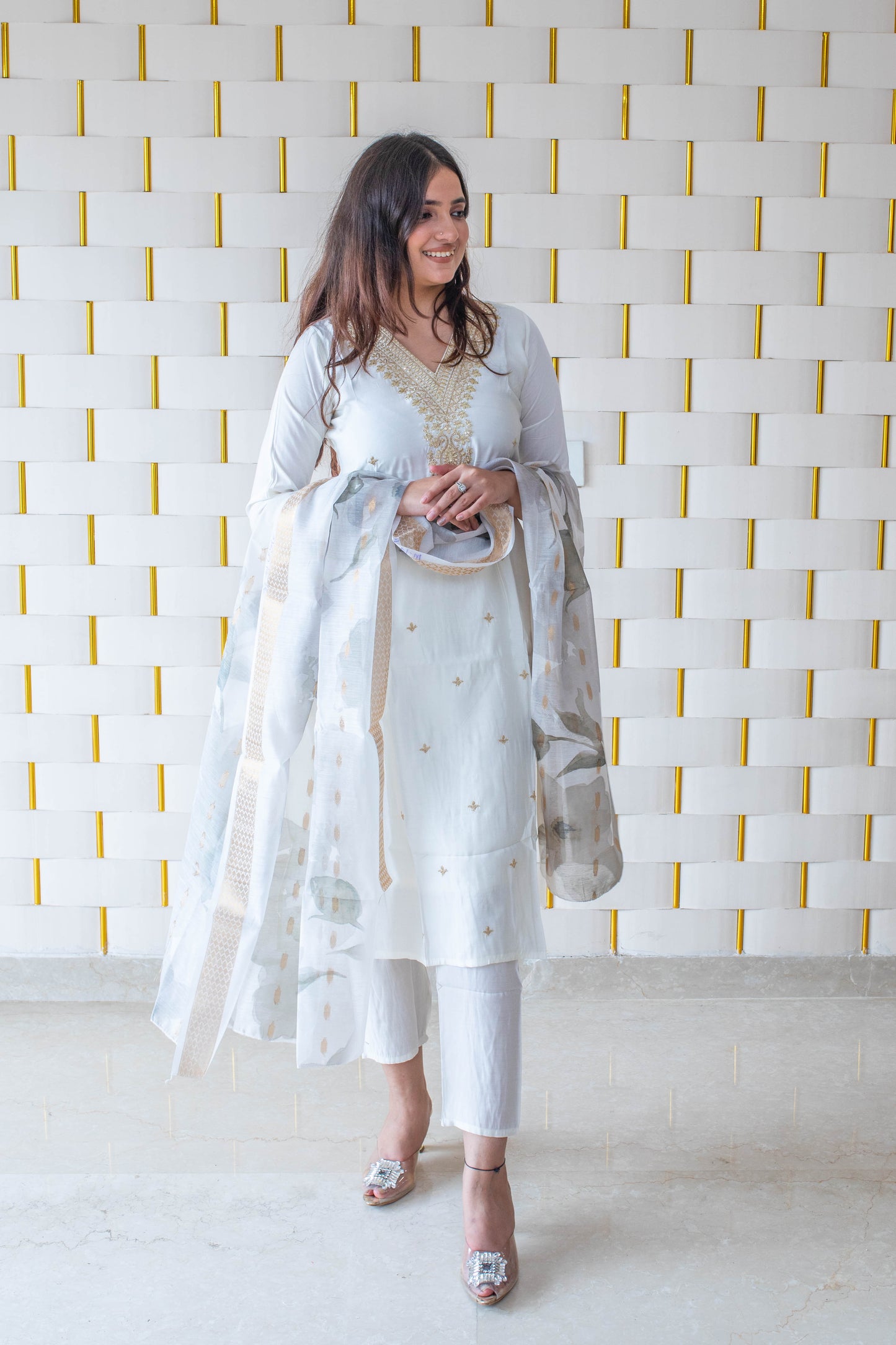 White Suit with Golden Neck work and Golden Zari work on Dupatta