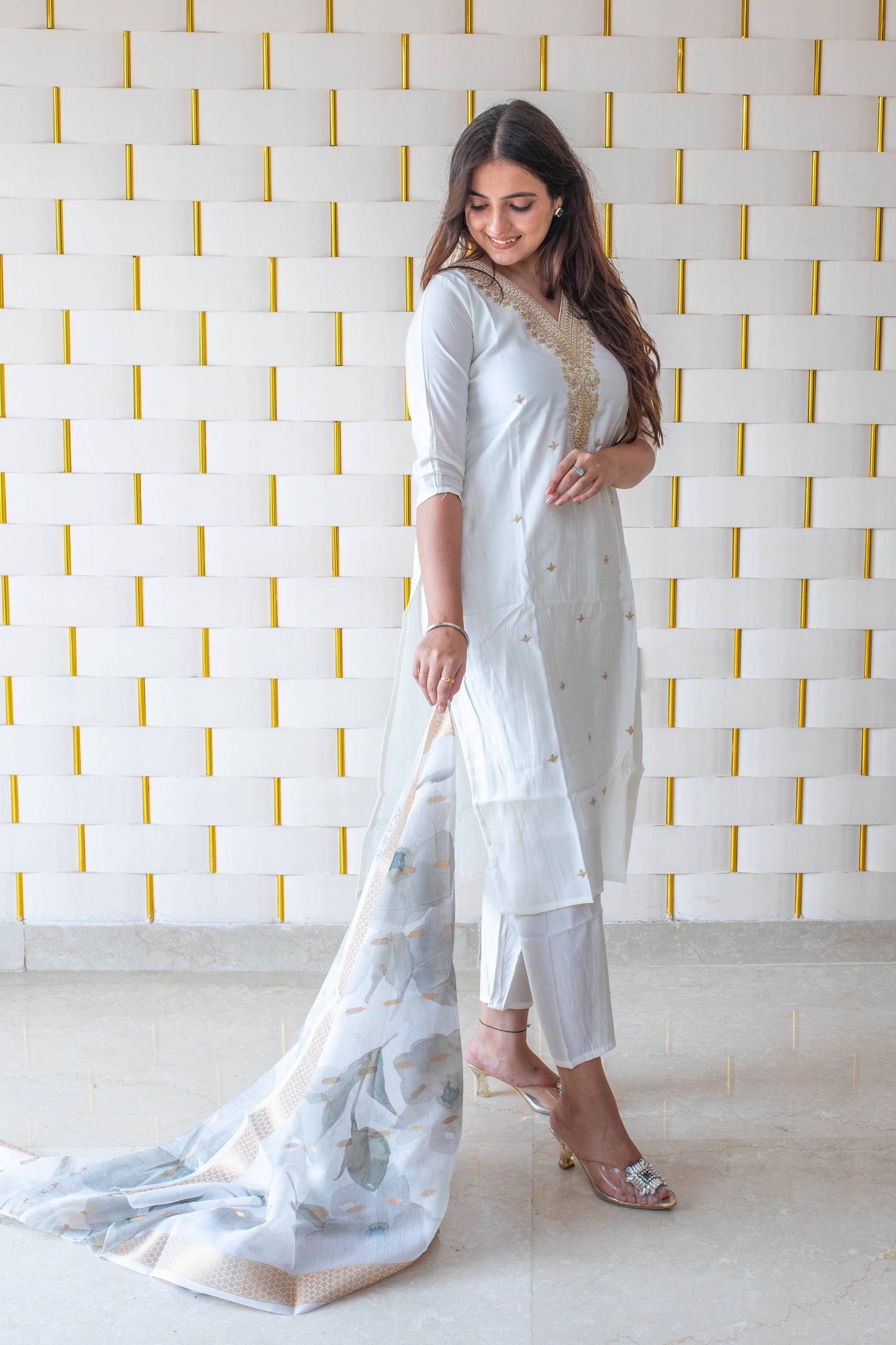 White Suit with Golden Neck work and Golden Zari work on Dupatta