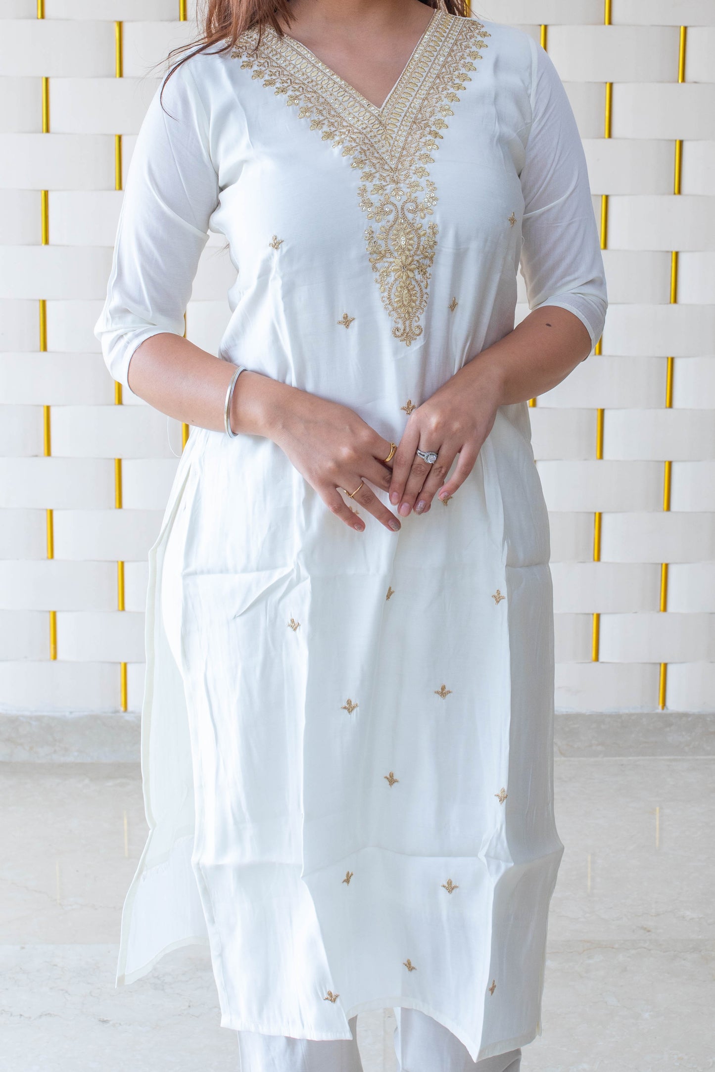 White Suit with Golden Neck work and Golden Zari work on Dupatta