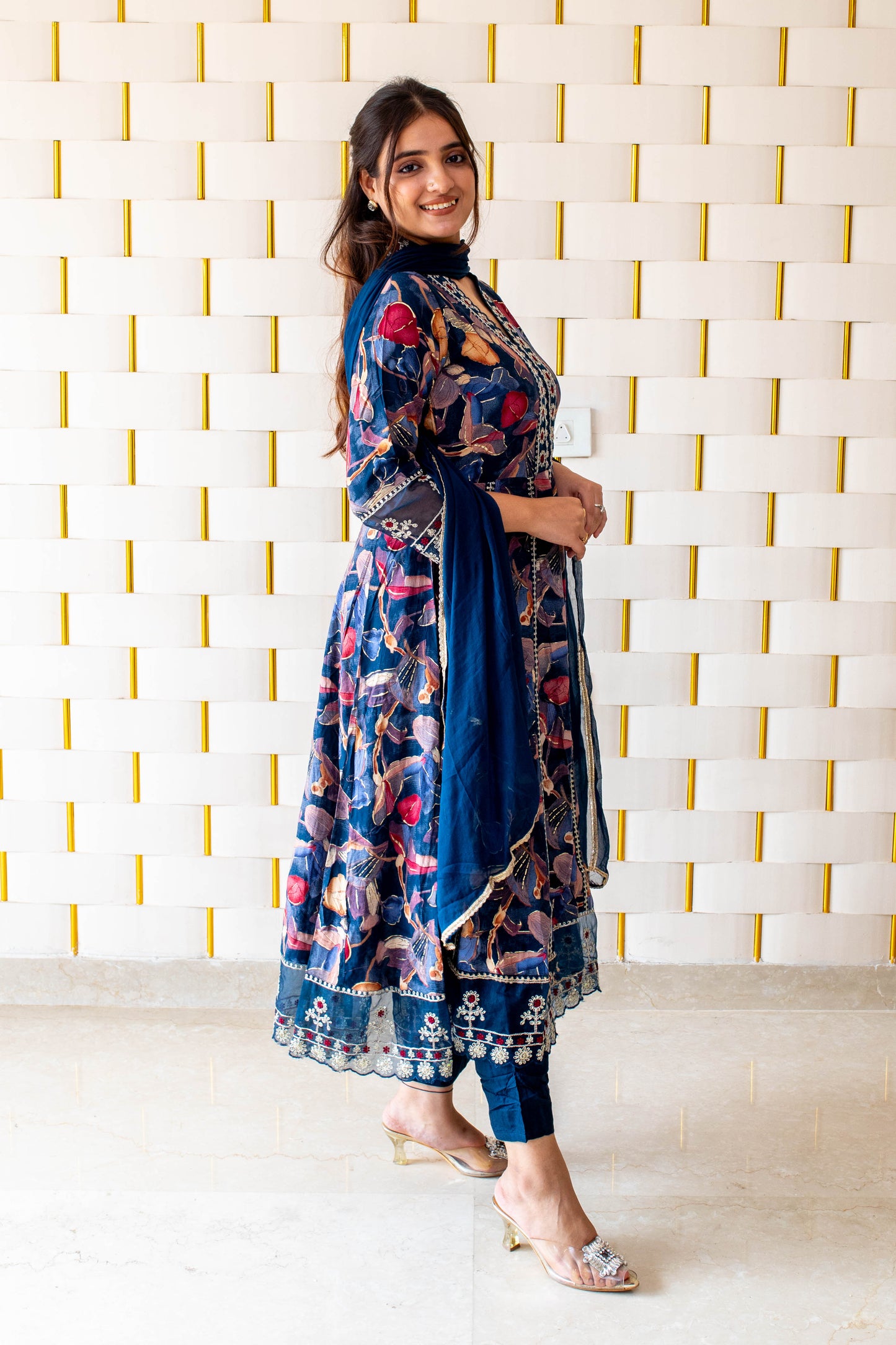Floral Royal Blue Anarkali Suit with work on Neck, and Net Lace on Sleeves and Borders and Chiffon Dupatta