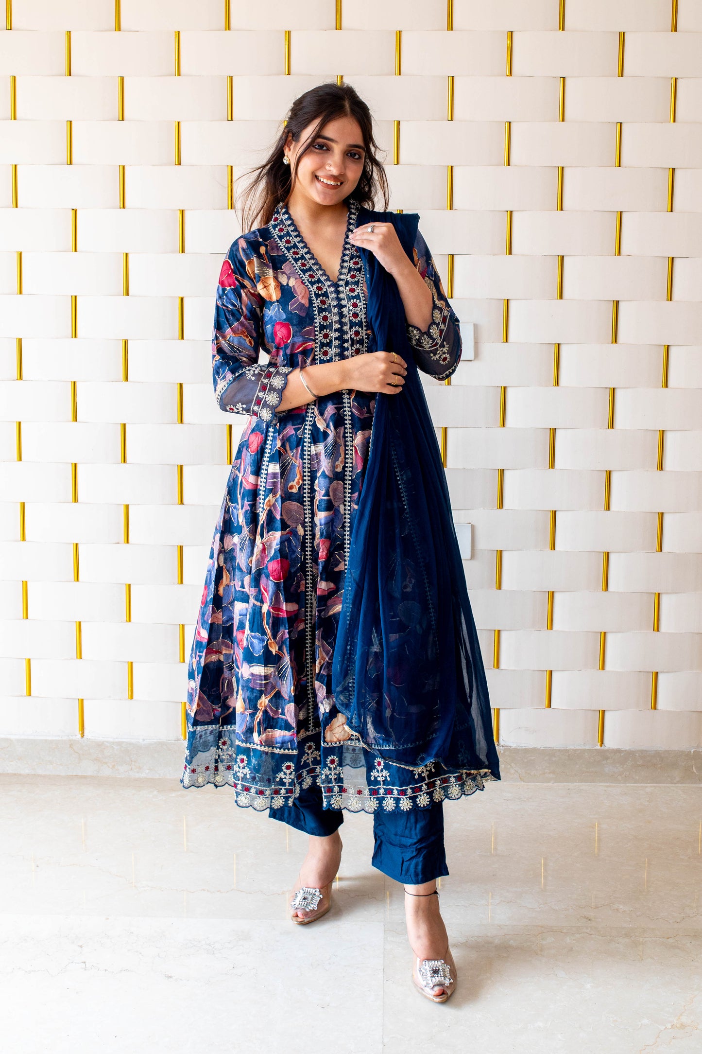 Floral Royal Blue Anarkali Suit with work on Neck, and Net Lace on Sleeves and Borders and Chiffon Dupatta
