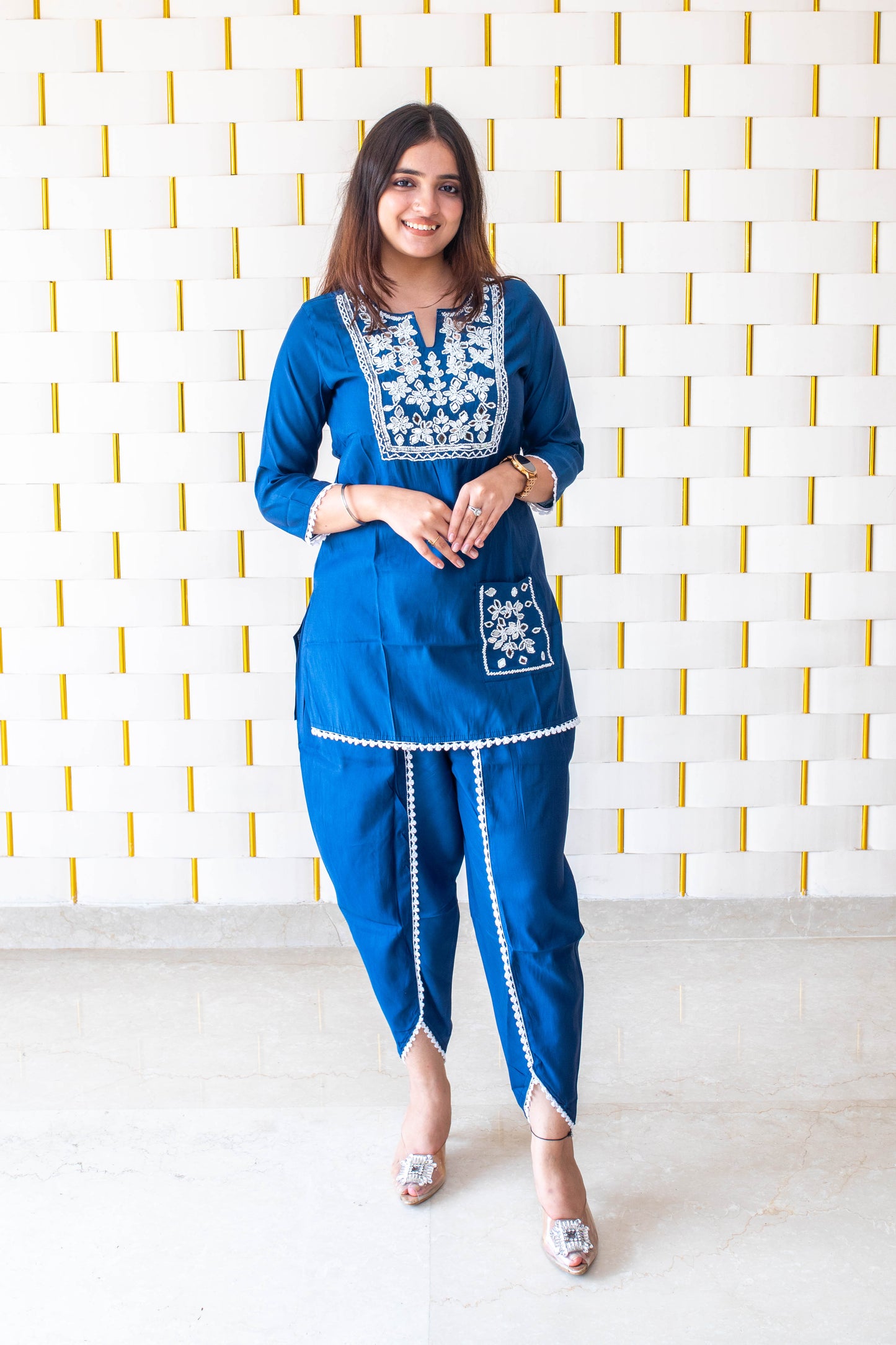 Blue Co-Ord set with Mirror Work on Neck, Sleeves, Pocket, Border and Dhoti Pants