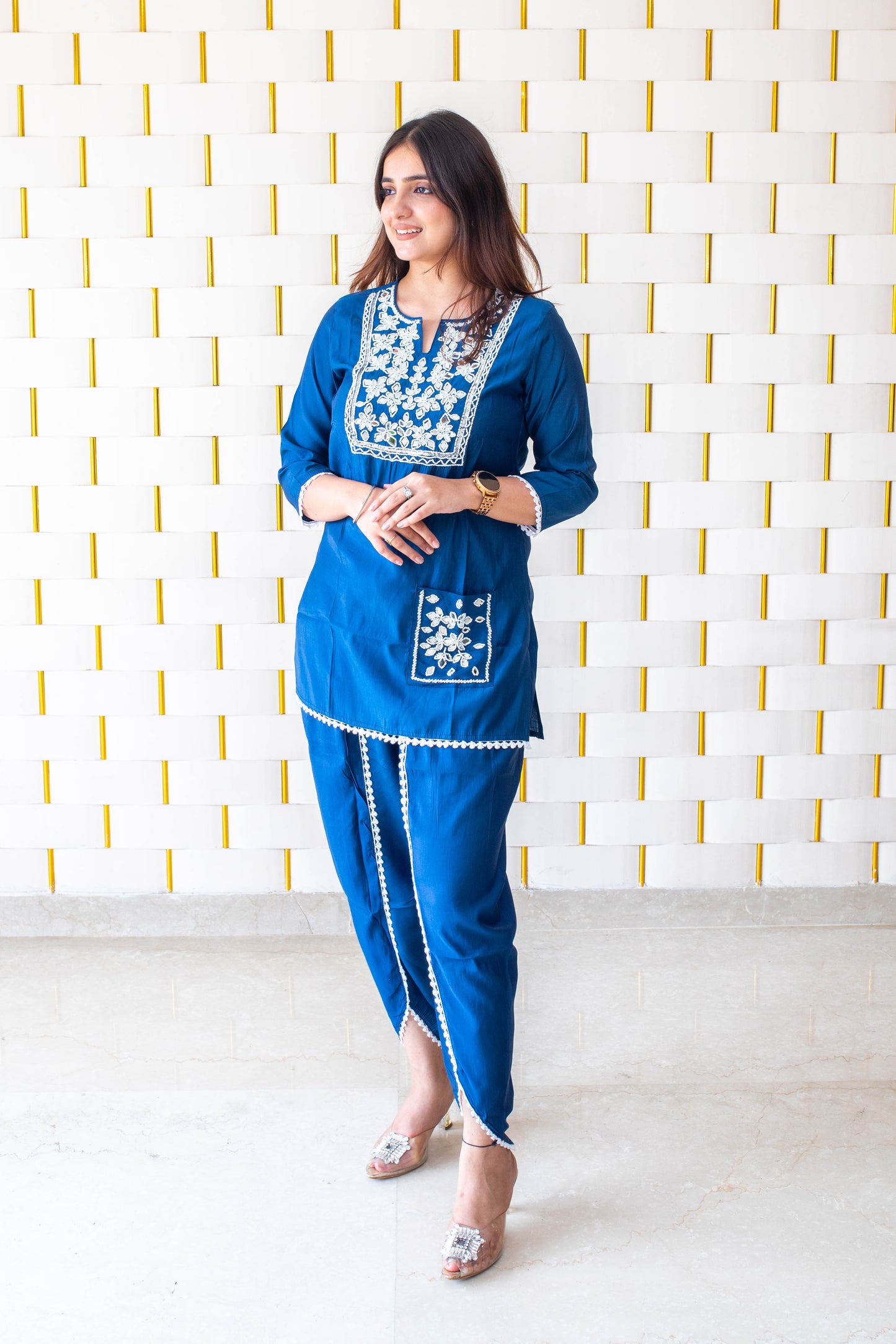 Blue Co-Ord set with Mirror Work on Neck, Sleeves, Pocket, Border and Dhoti Pants