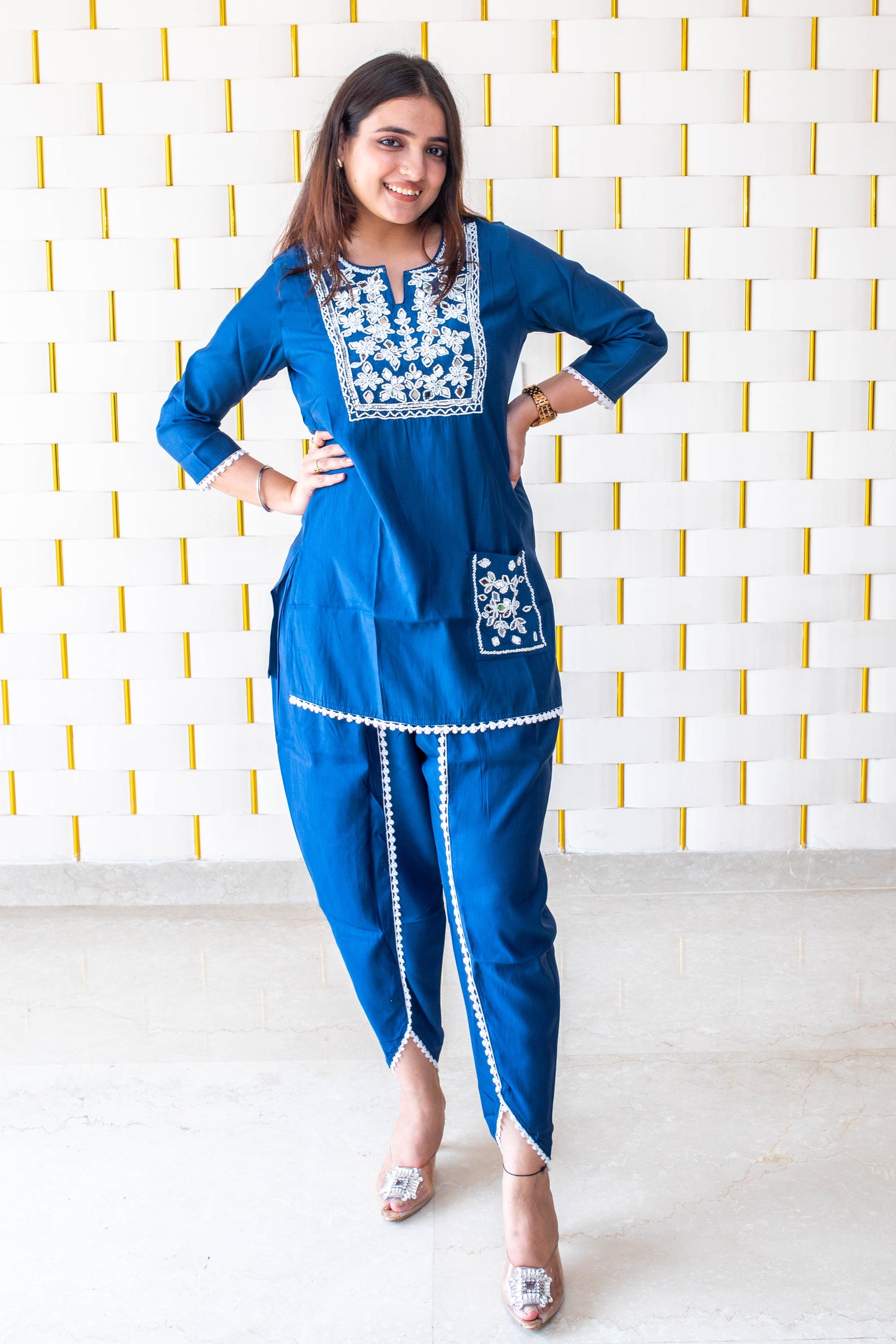 Blue Co-Ord set with Mirror Work on Neck, Sleeves, Pocket, Border and Dhoti Pants