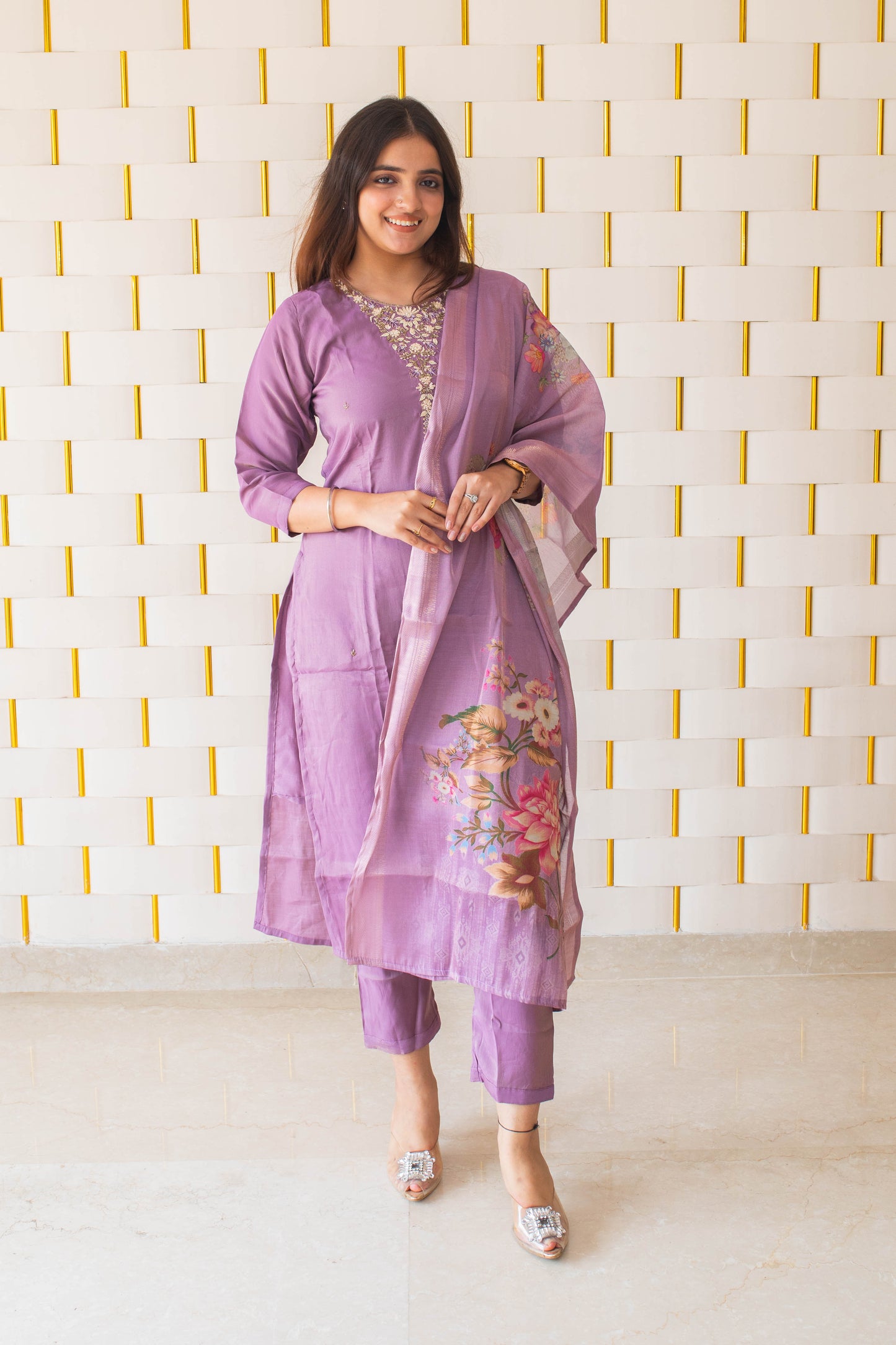 Light Purple Suit with handcrafted beads work on neck and Dupatta with Floral Prints