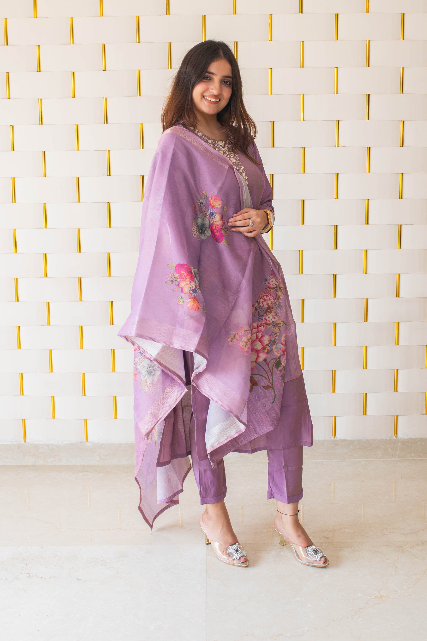 Light Purple Suit with handcrafted beads work on neck and Dupatta with Floral Prints