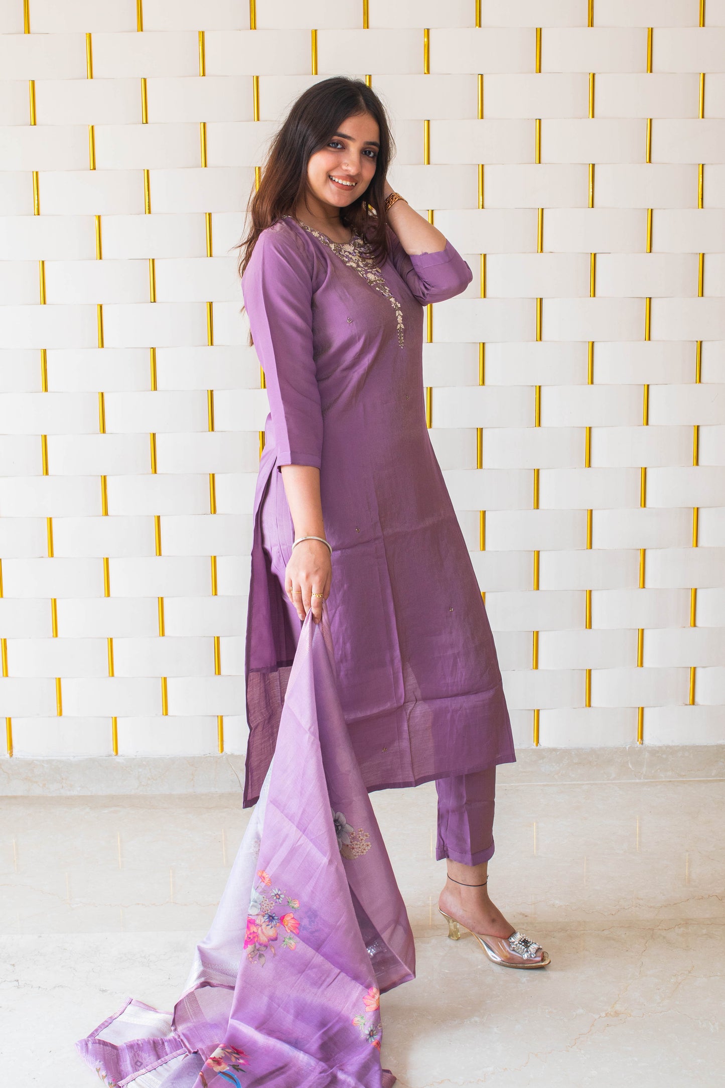 Light Purple Suit with handcrafted beads work on neck and Dupatta with Floral Prints