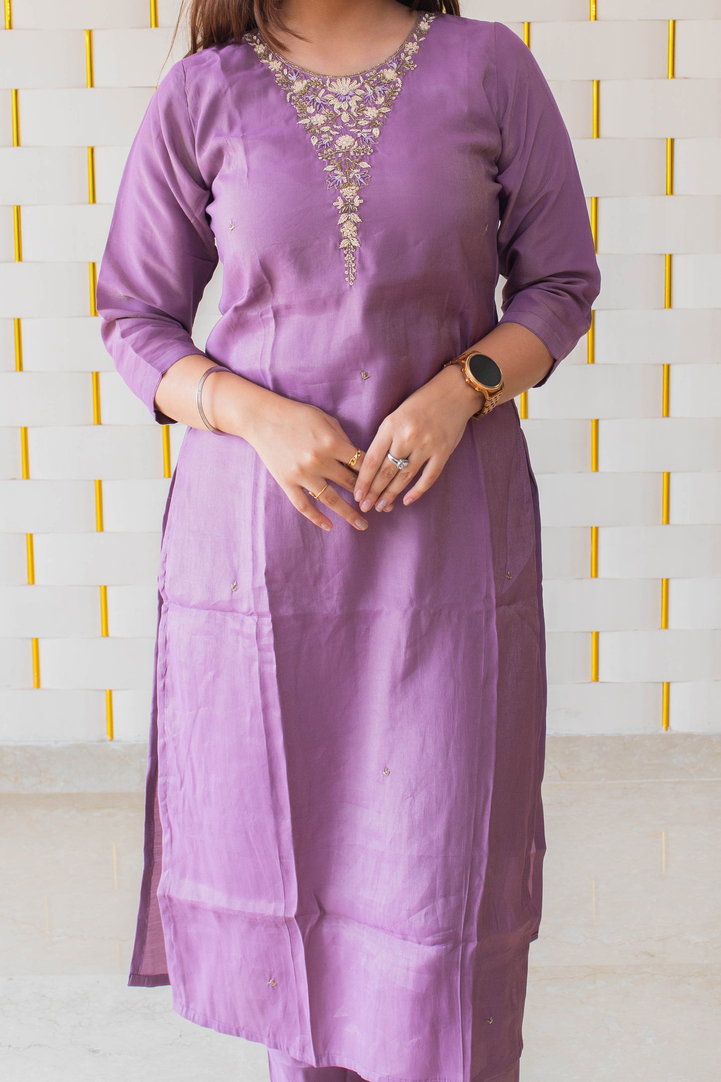 Light Purple Suit with handcrafted beads work on neck and Dupatta with Floral Prints
