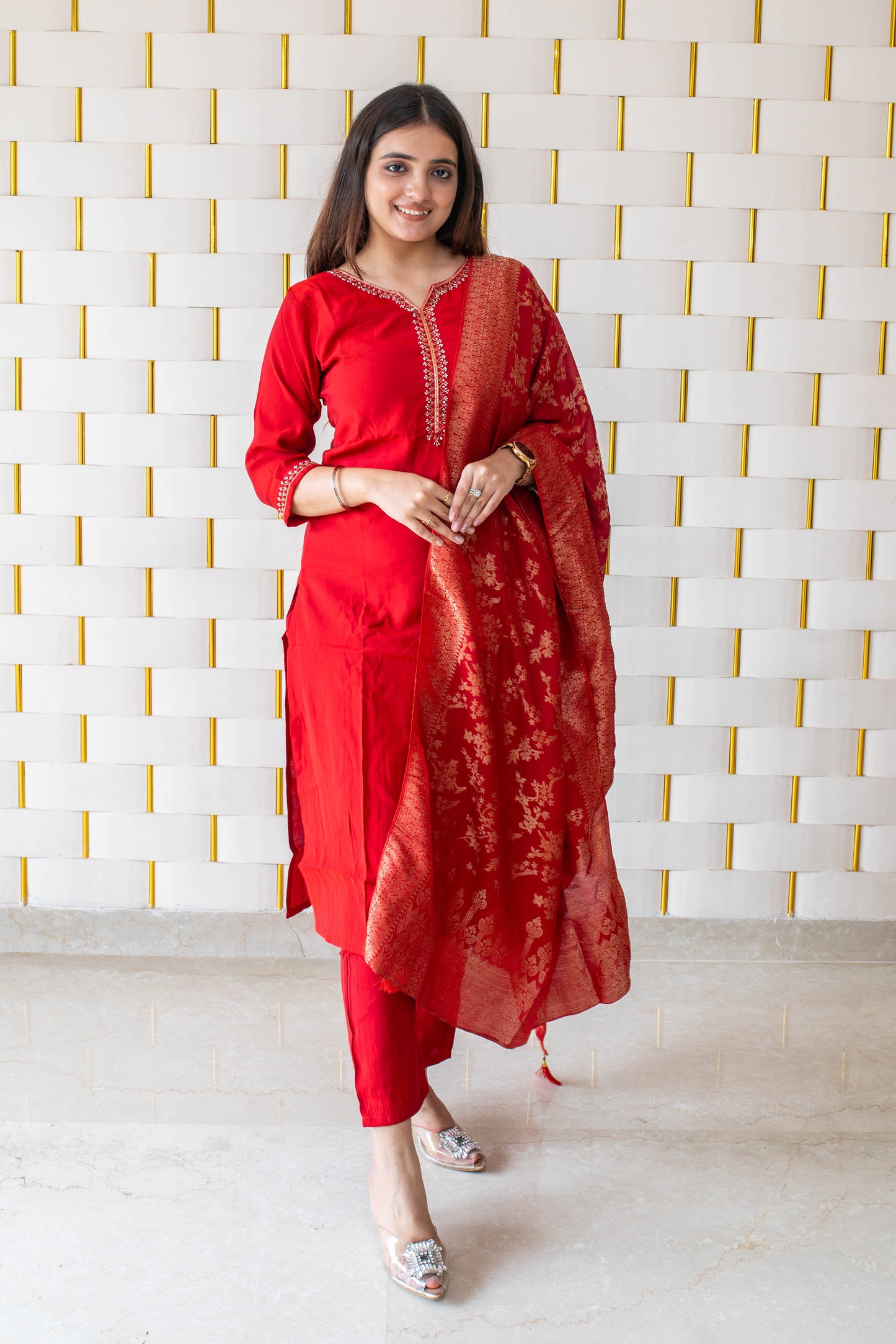 Red Suit with Golden Beads work on Neck and Sleeves & Silk Dupatta