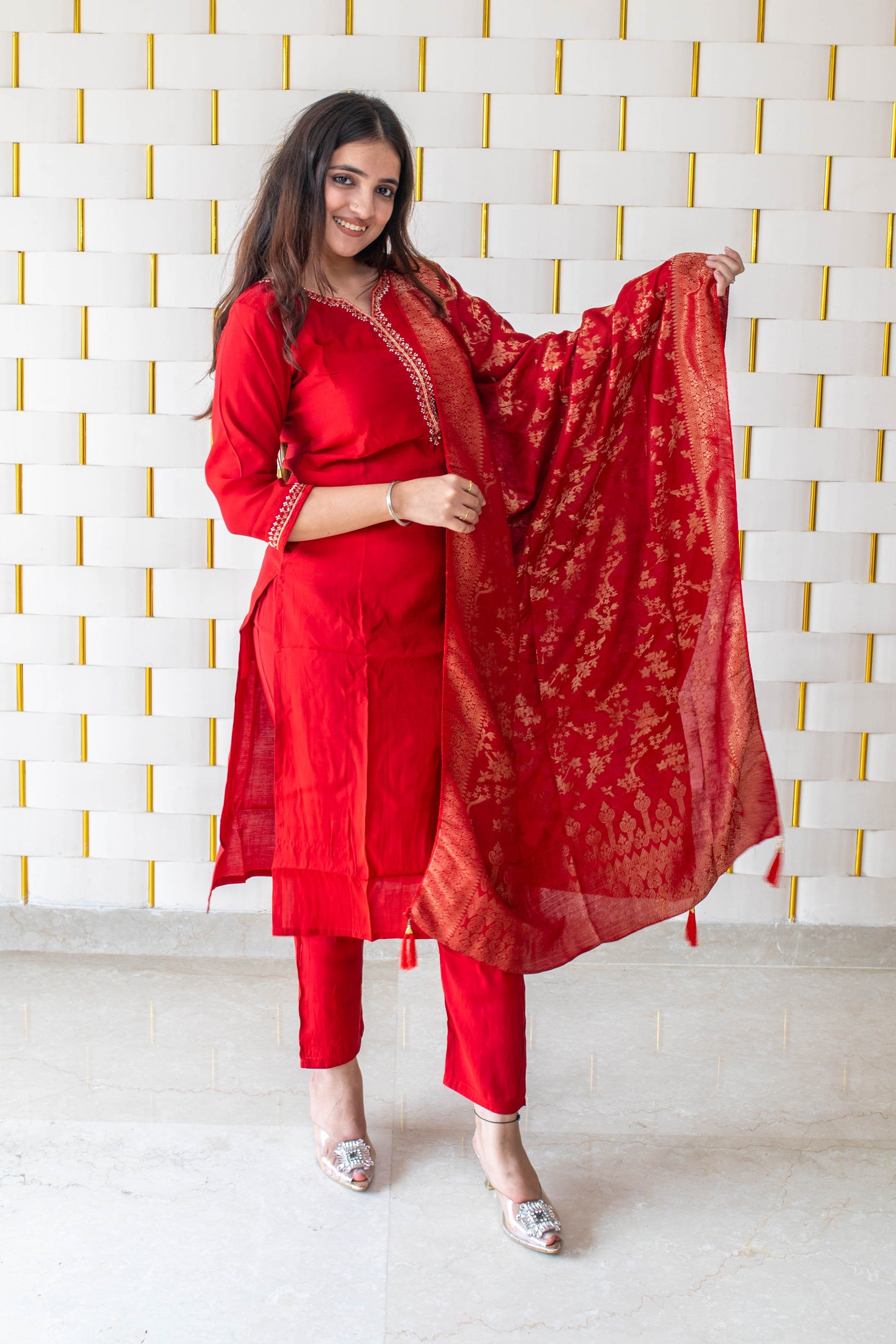 Red Suit with Golden Beads work on Neck and Sleeves & Silk Dupatta