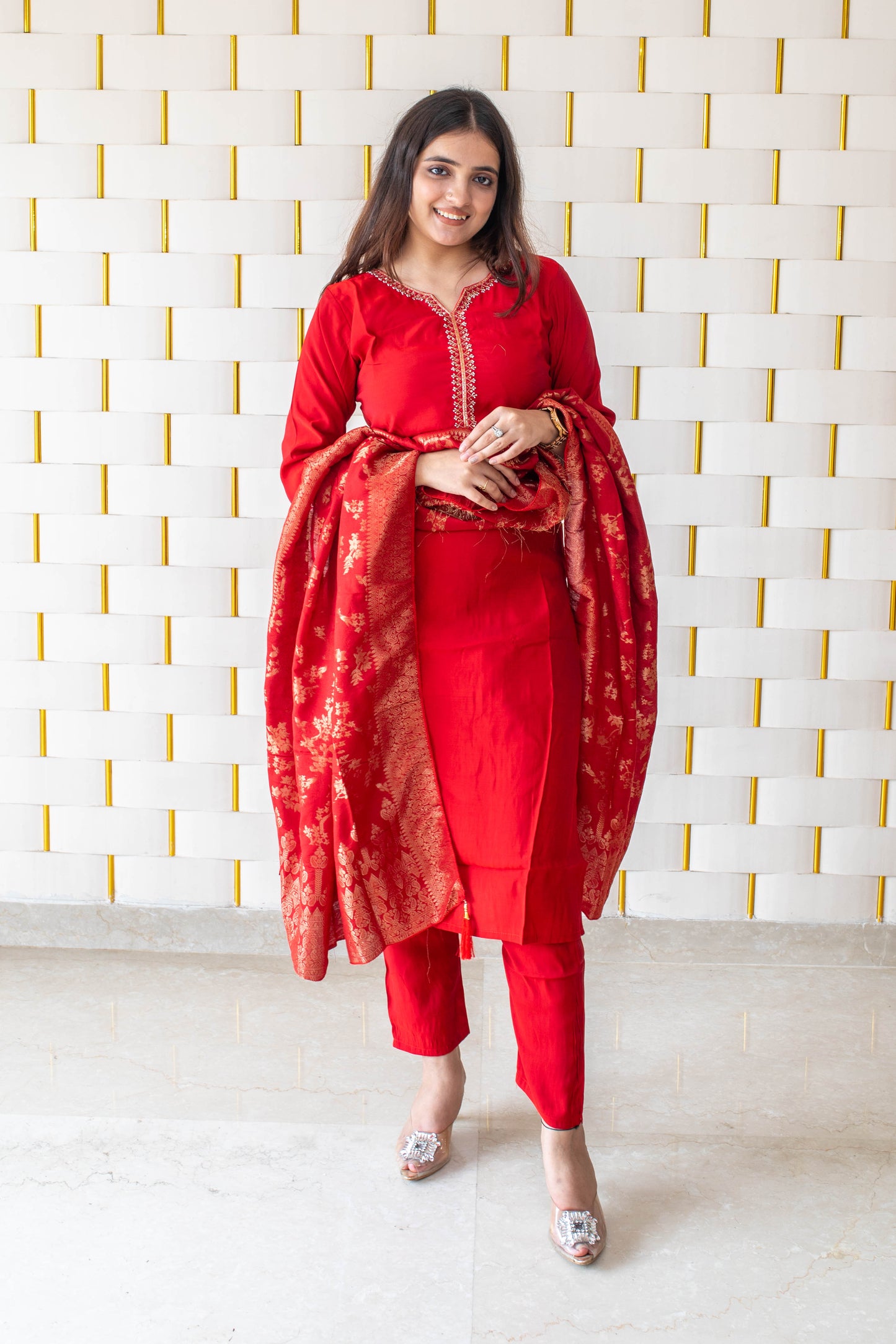 Red Suit with Golden Beads work on Neck and Sleeves & Silk Dupatta