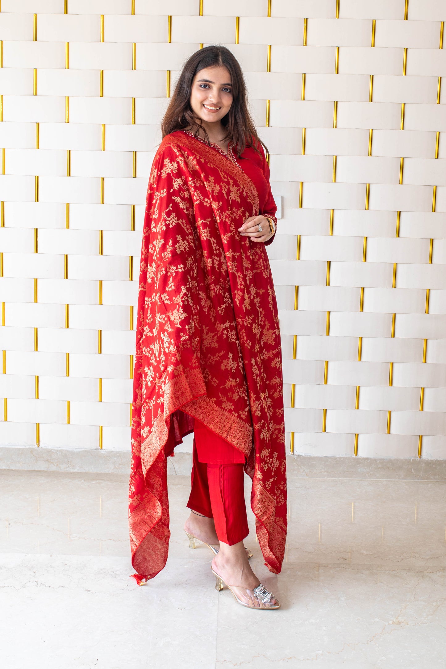 Red Suit with Golden Beads work on Neck and Sleeves & Silk Dupatta