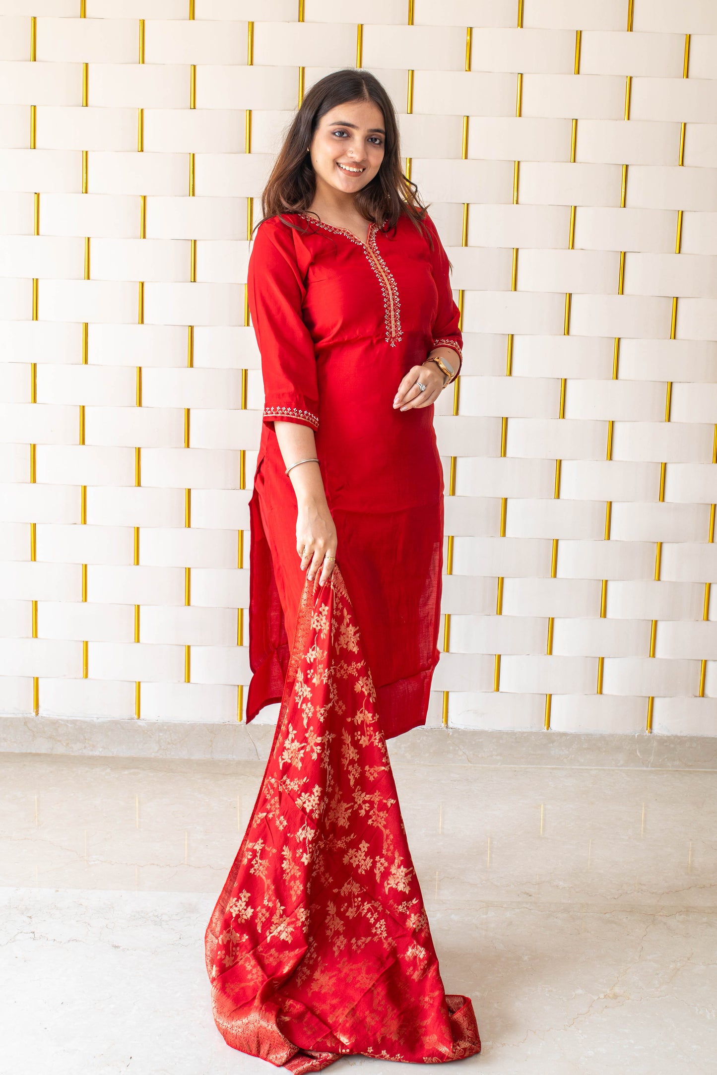 Red Suit with Golden Beads work on Neck and Sleeves & Silk Dupatta