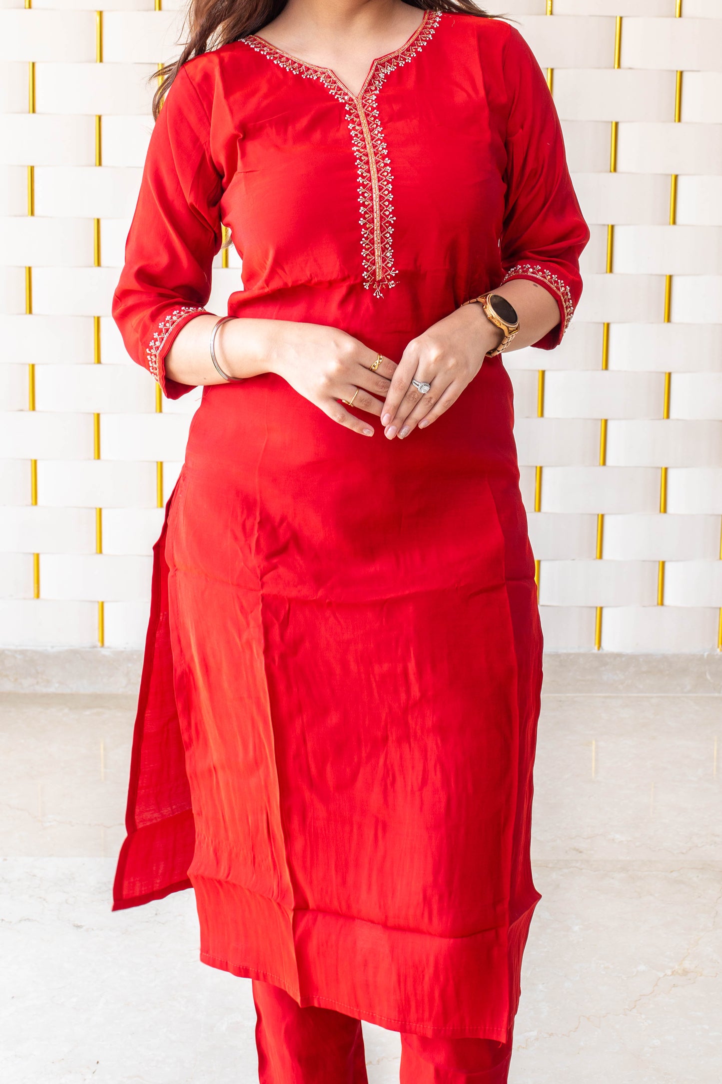 Red Suit with Golden Beads work on Neck and Sleeves & Silk Dupatta
