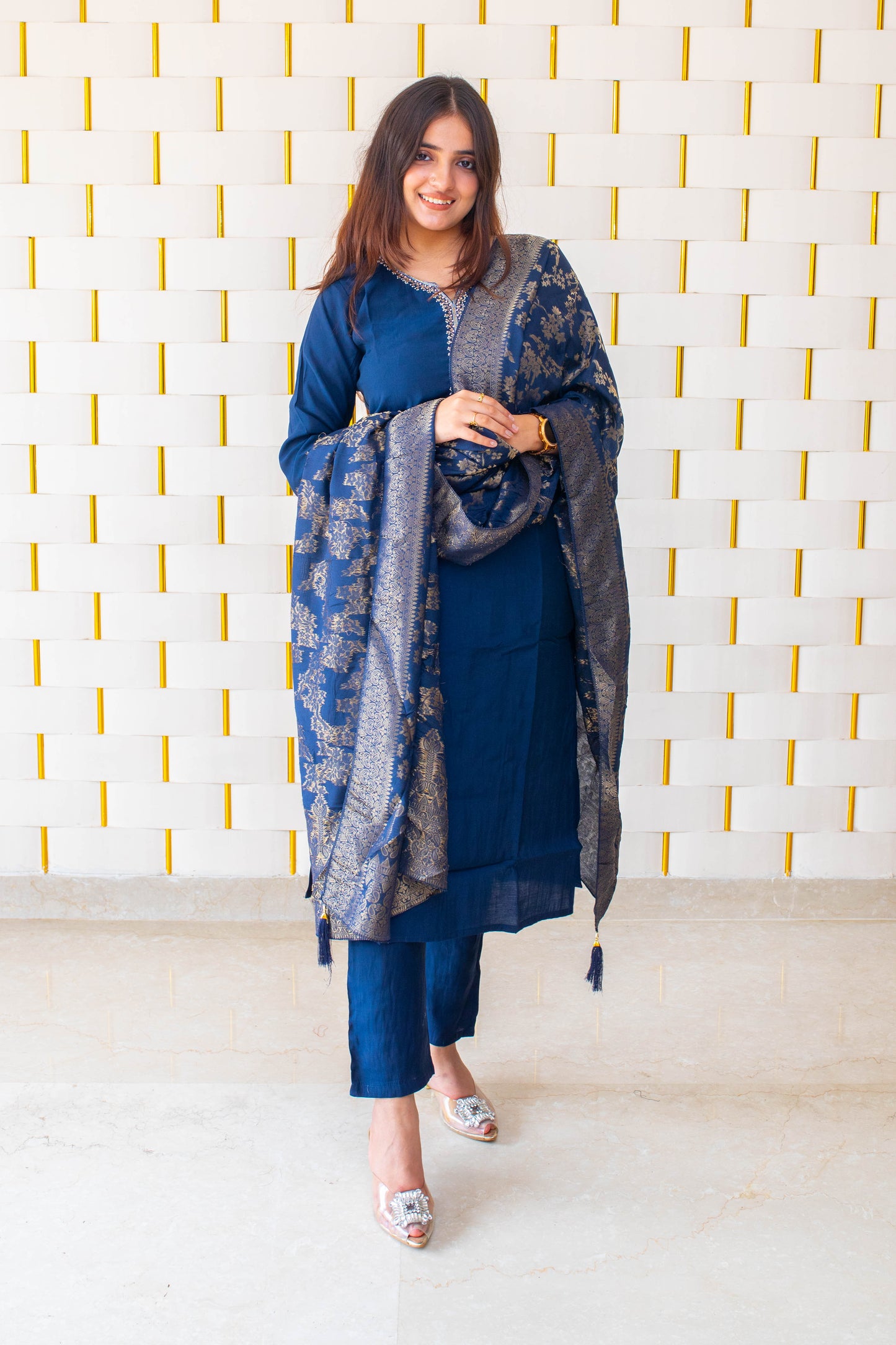 Blue suit with Golden Beads work on Neck and Sleeves with Silk Dupatta