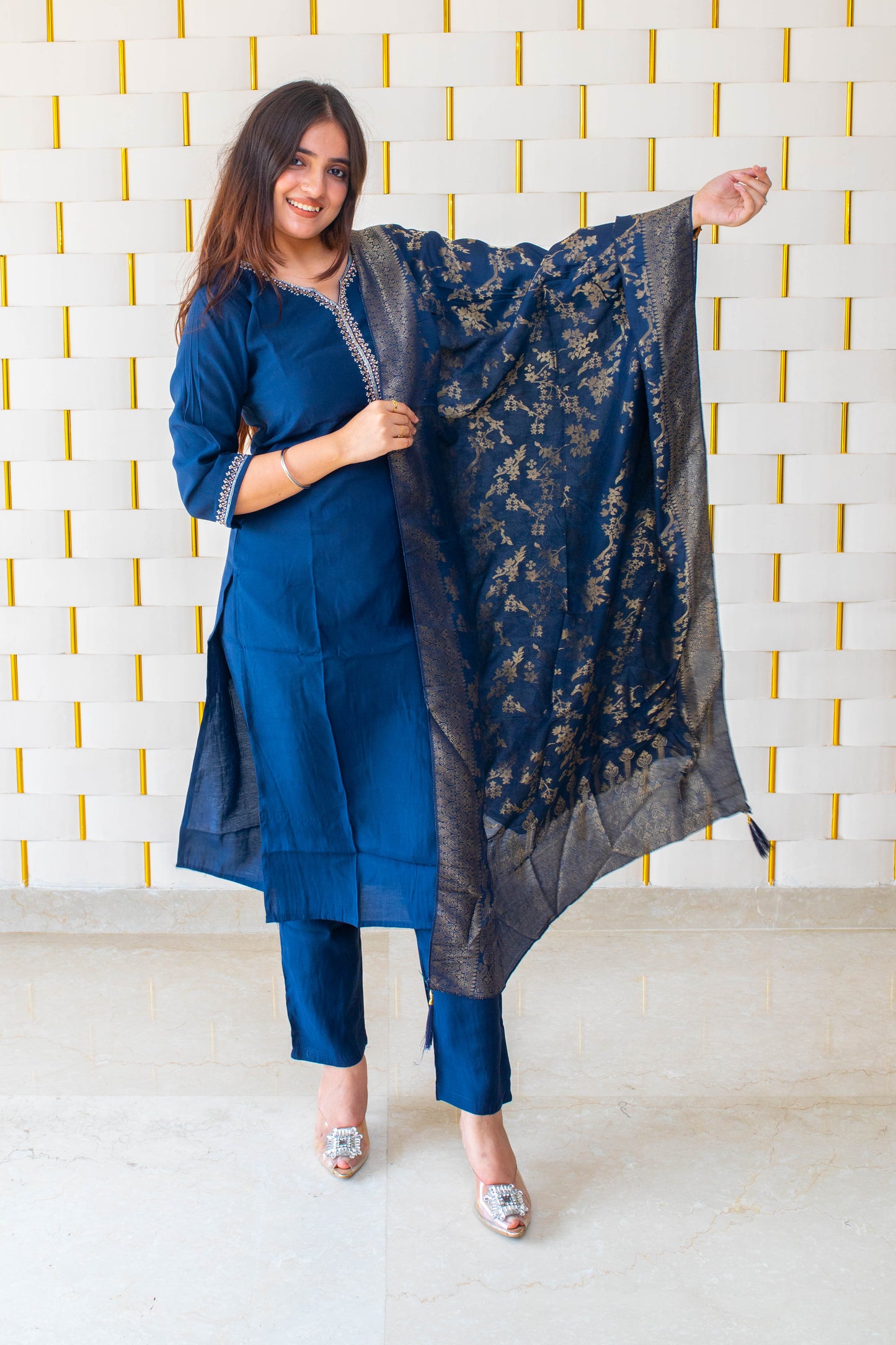 Blue suit with Golden Beads work on Neck and Sleeves with Silk Dupatta