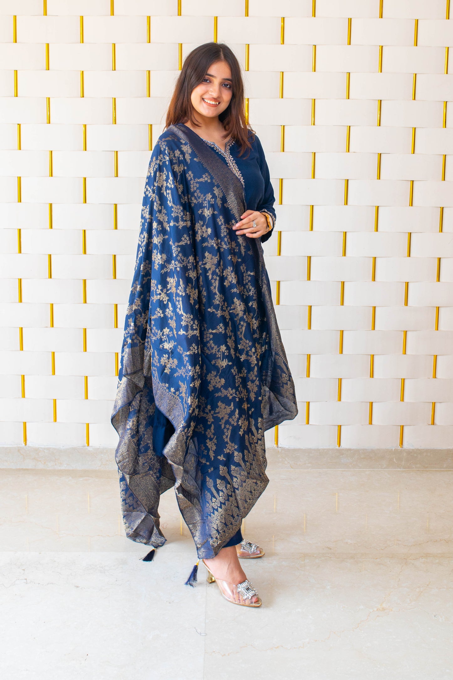 Blue suit with Golden Beads work on Neck and Sleeves with Silk Dupatta