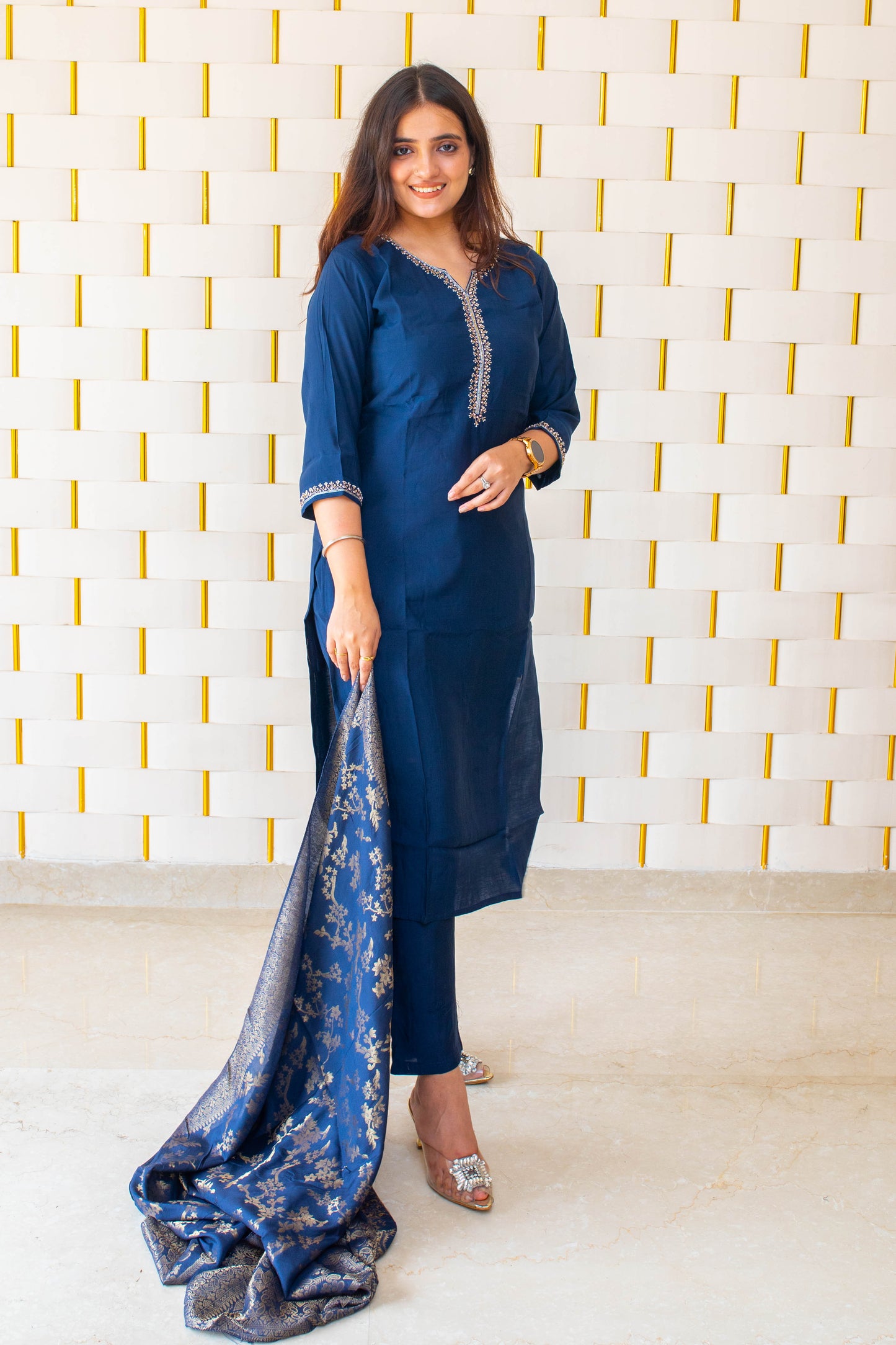 Blue suit with Golden Beads work on Neck and Sleeves with Silk Dupatta