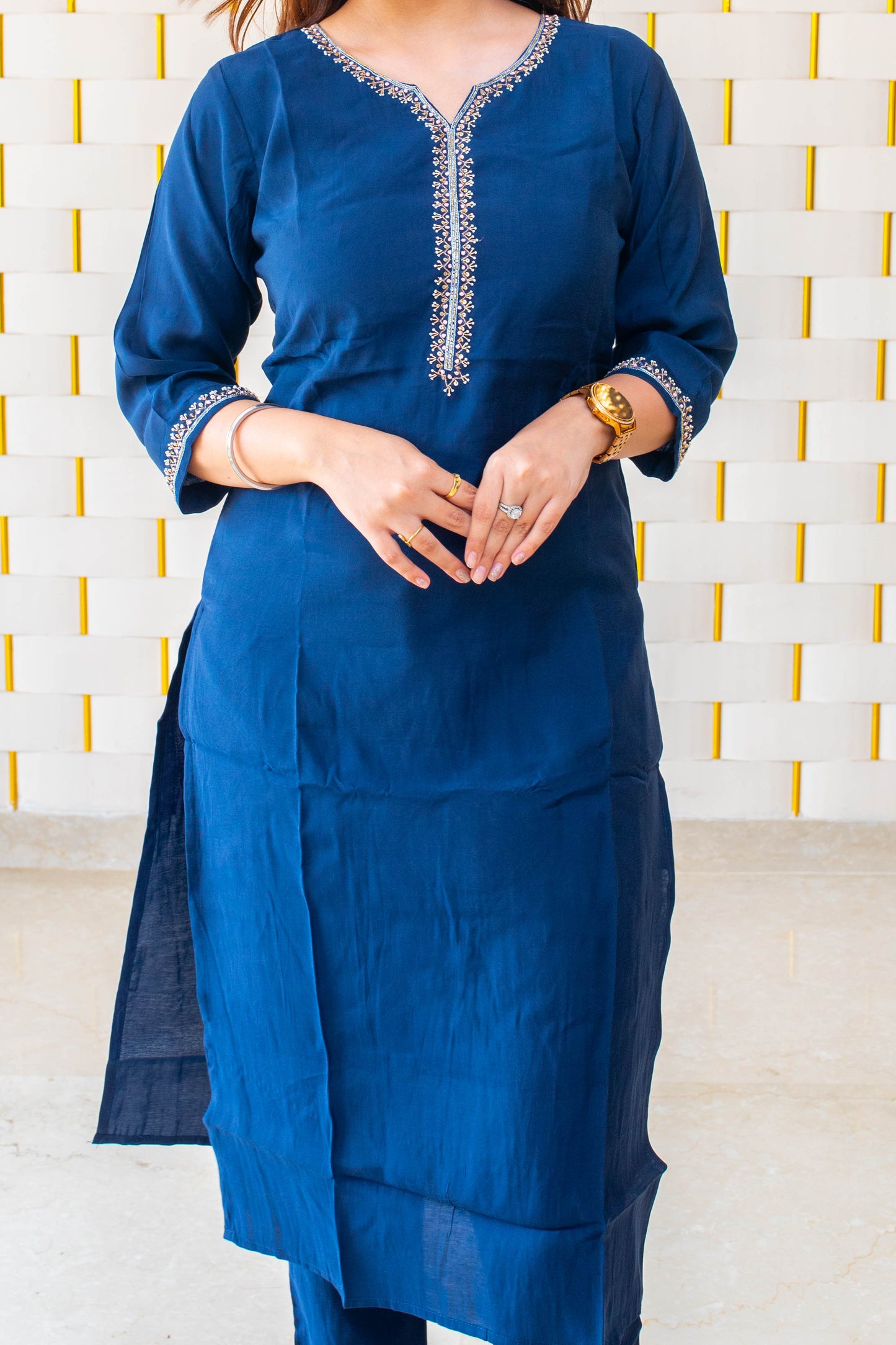 Blue suit with Golden Beads work on Neck and Sleeves with Silk Dupatta