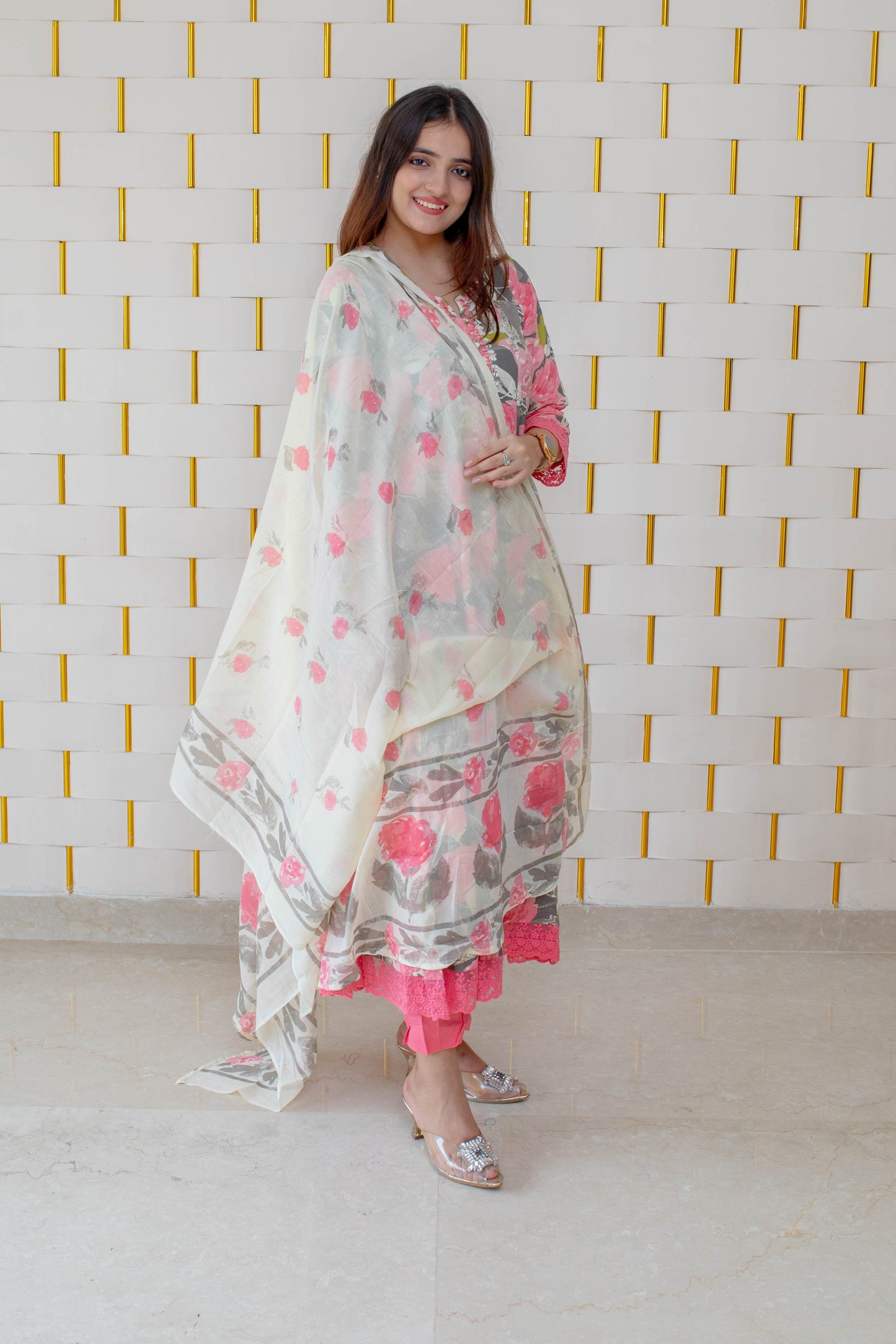 Pink Floral Anarkali Suit with Minor work on Neck and Net Lace on Sleeves and Borders with Cream Dupatta