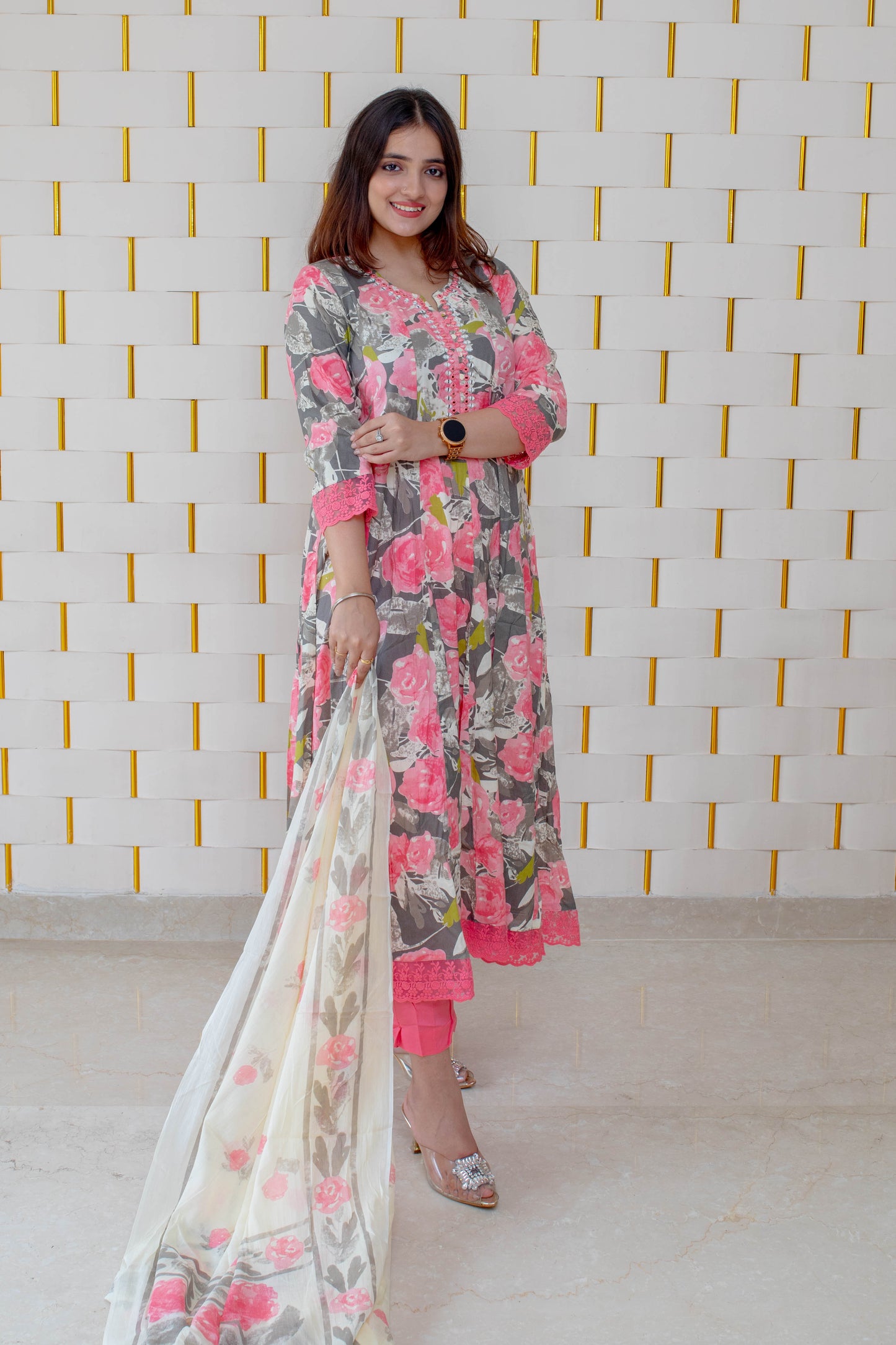 Pink Floral Anarkali Suit with Minor work on Neck and Net Lace on Sleeves and Borders with Cream Dupatta