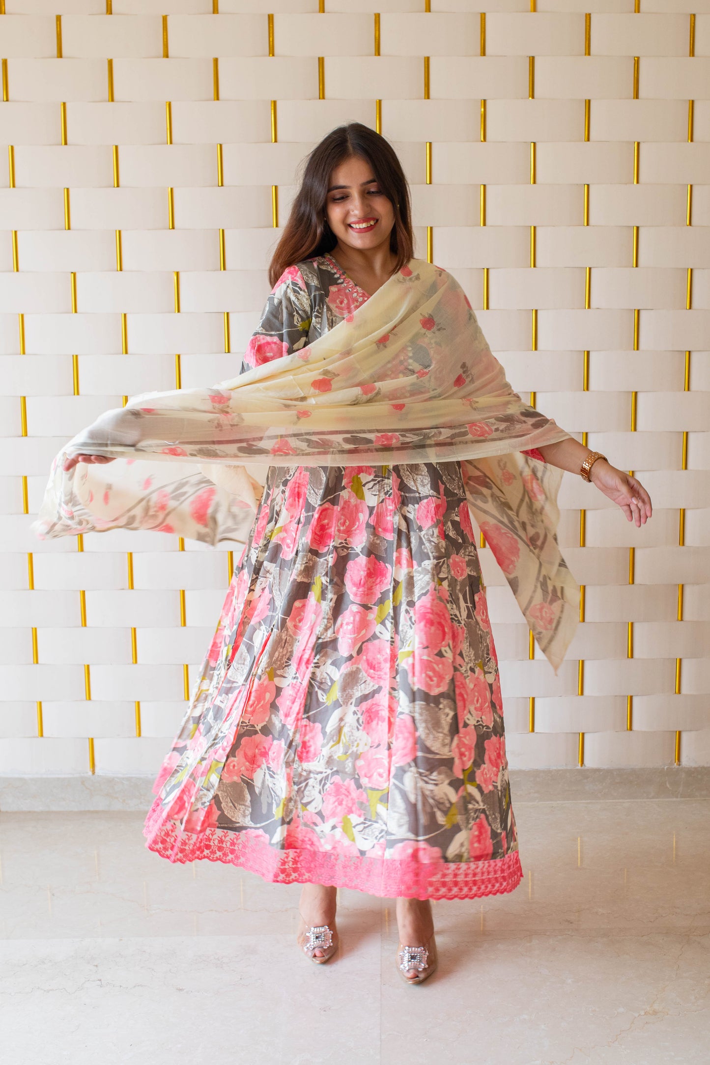 Pink Floral Anarkali Suit with Minor work on Neck and Net Lace on Sleeves and Borders with Cream Dupatta