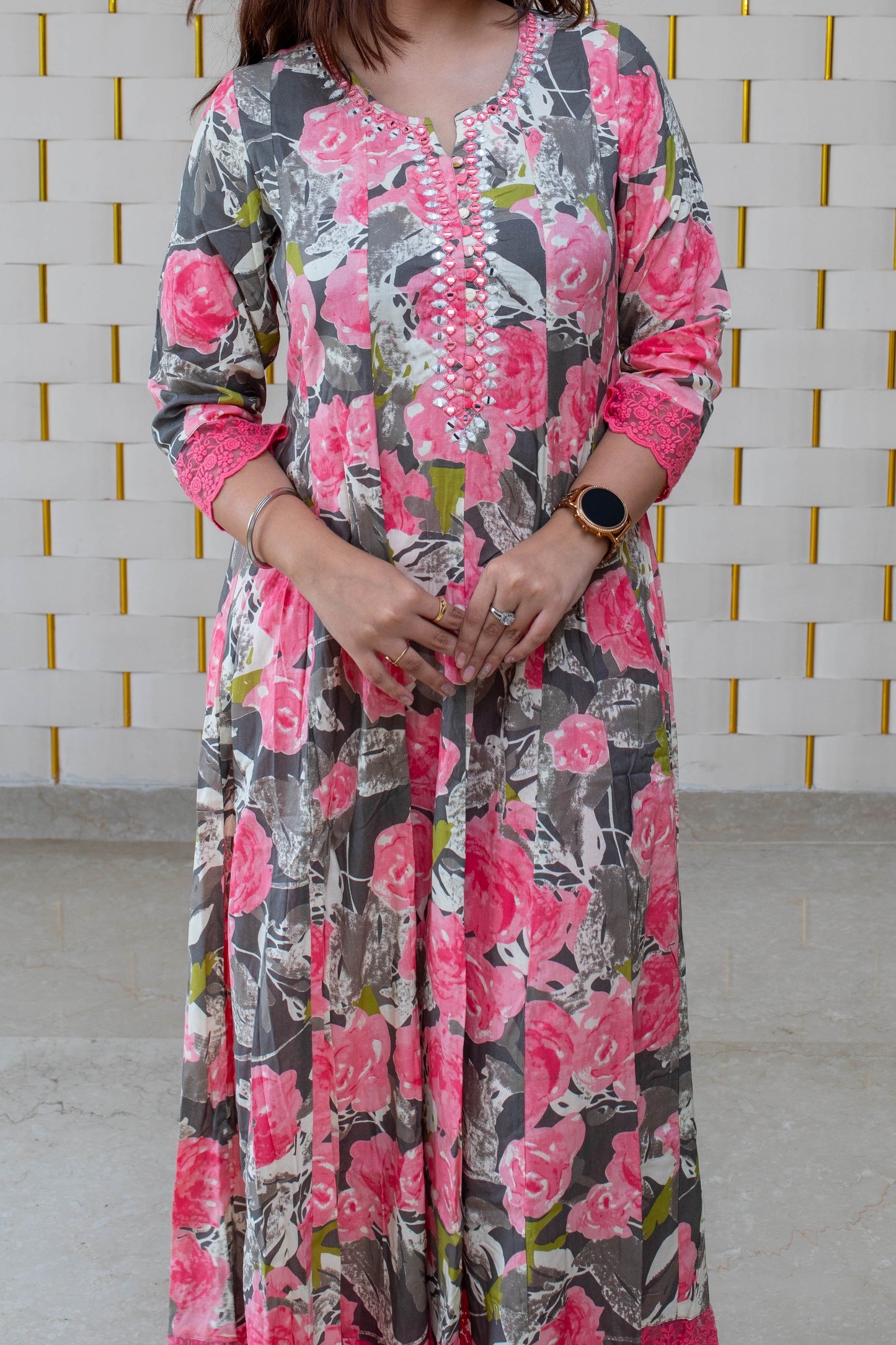 Pink Floral Anarkali Suit with Minor work on Neck and Net Lace on Sleeves and Borders with Cream Dupatta