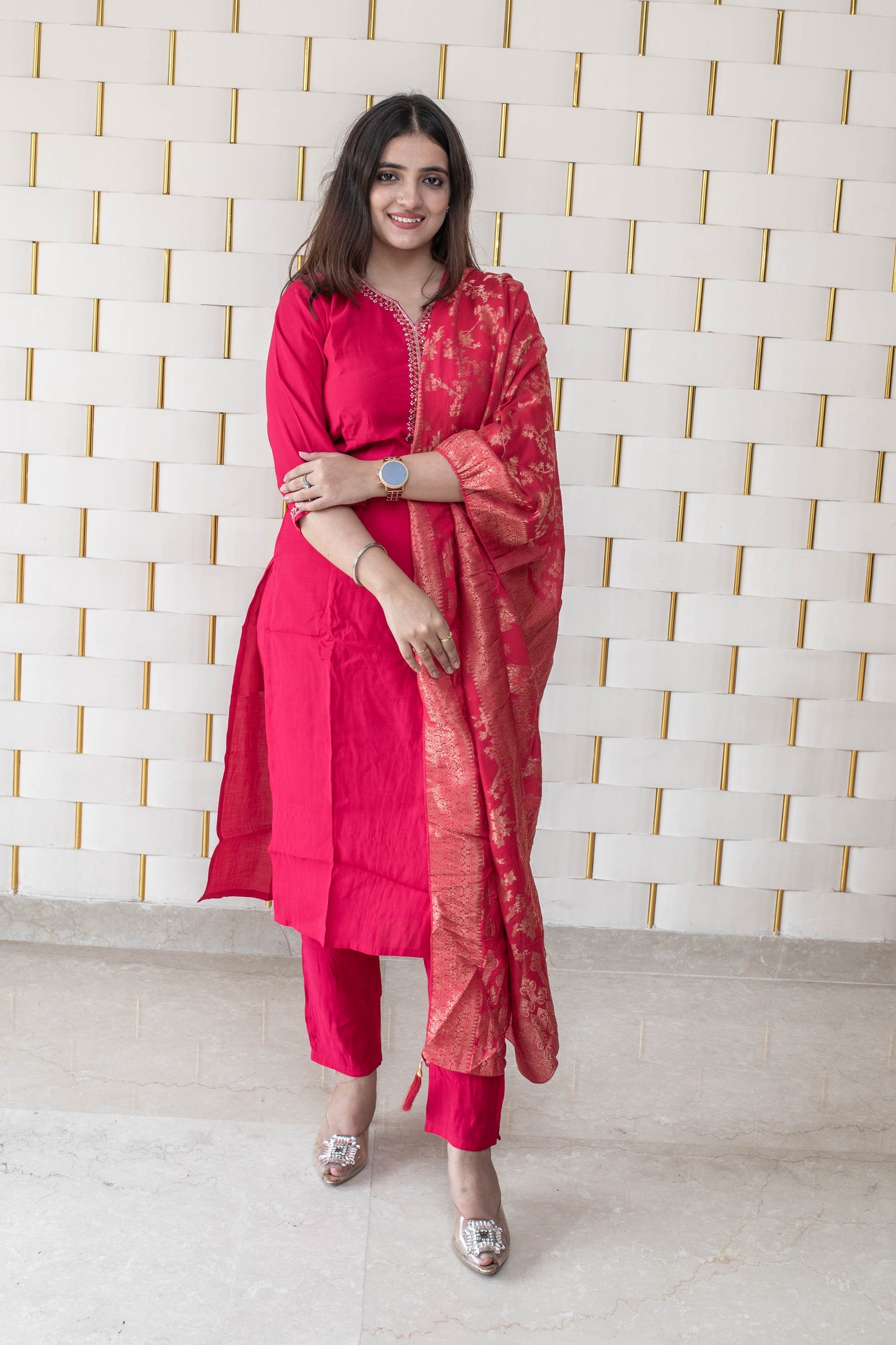 Bright Pink suit with Golden Beads work on Neck and Sleeves with Silk Dupatta
