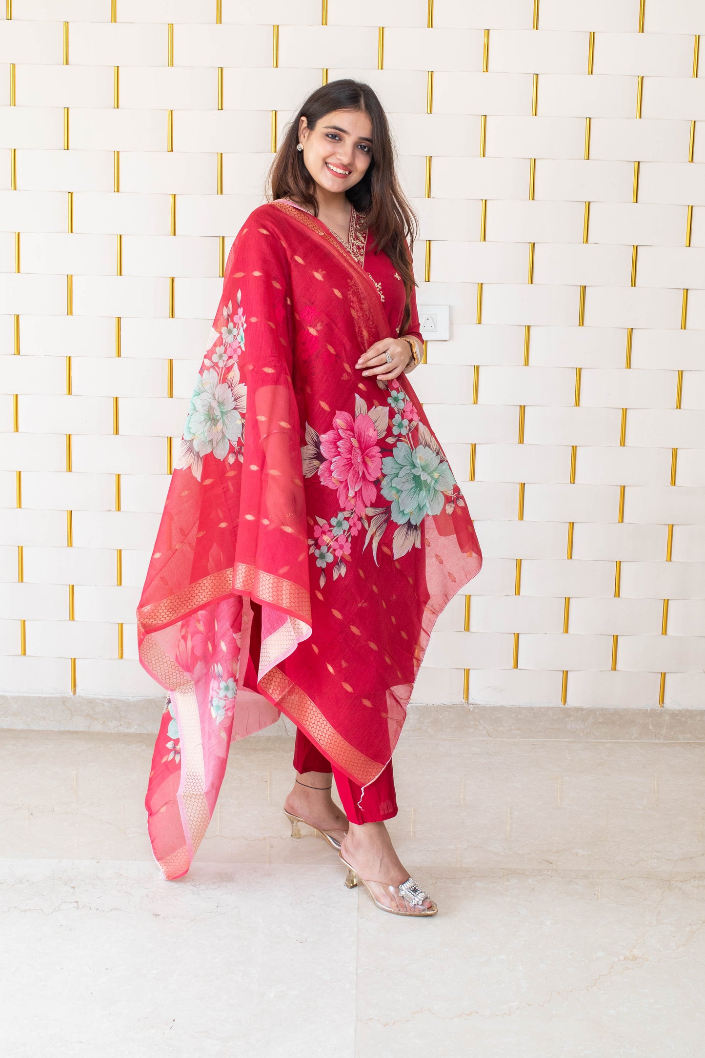 Red Suit with Golden Neck work and Golden Zari work on Dupatta